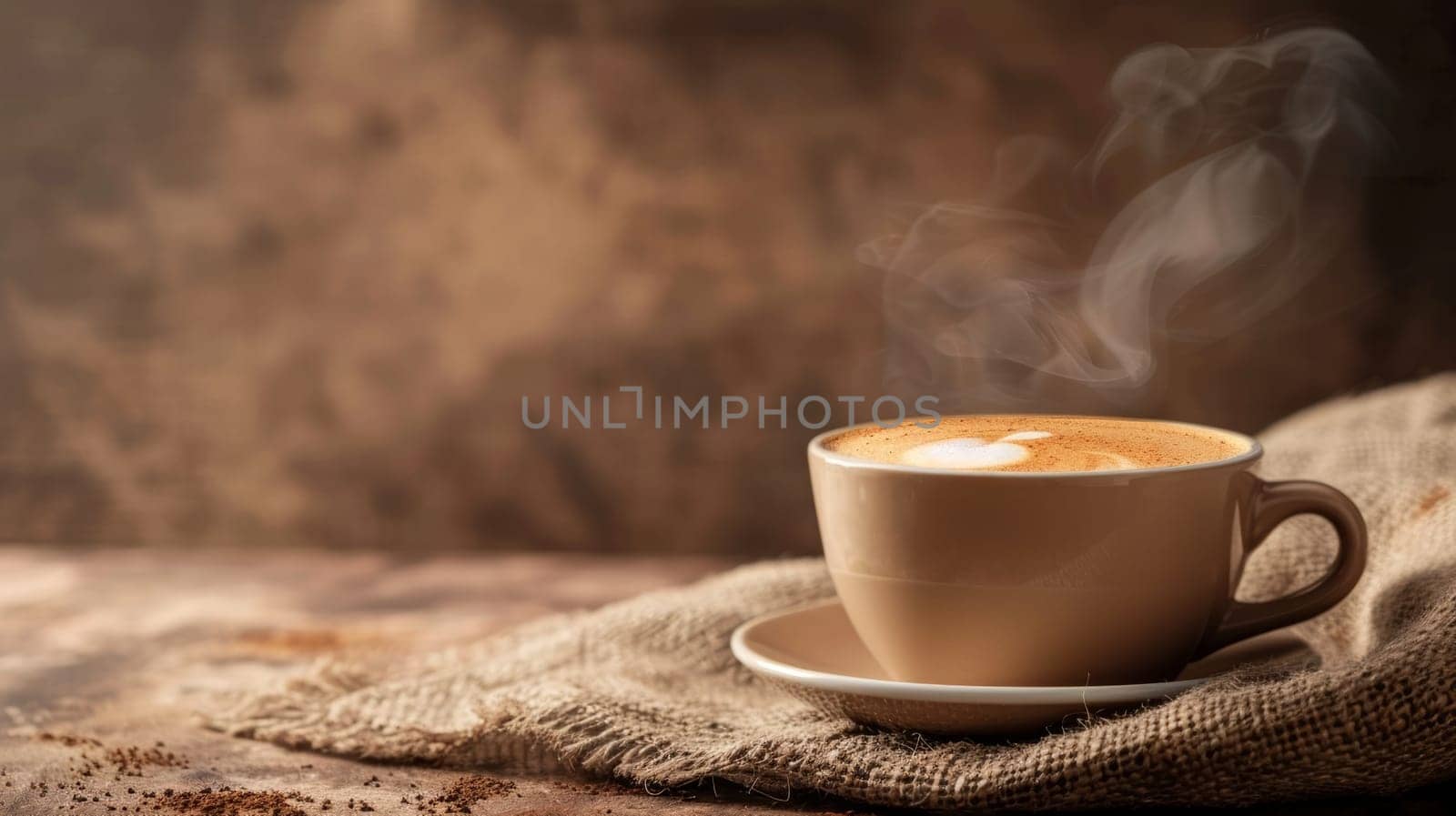 A soothing cup of coffee on a burlap cloth, surrounded by coffee beans, exuding rustic charm and warmth. Banner with copy space.