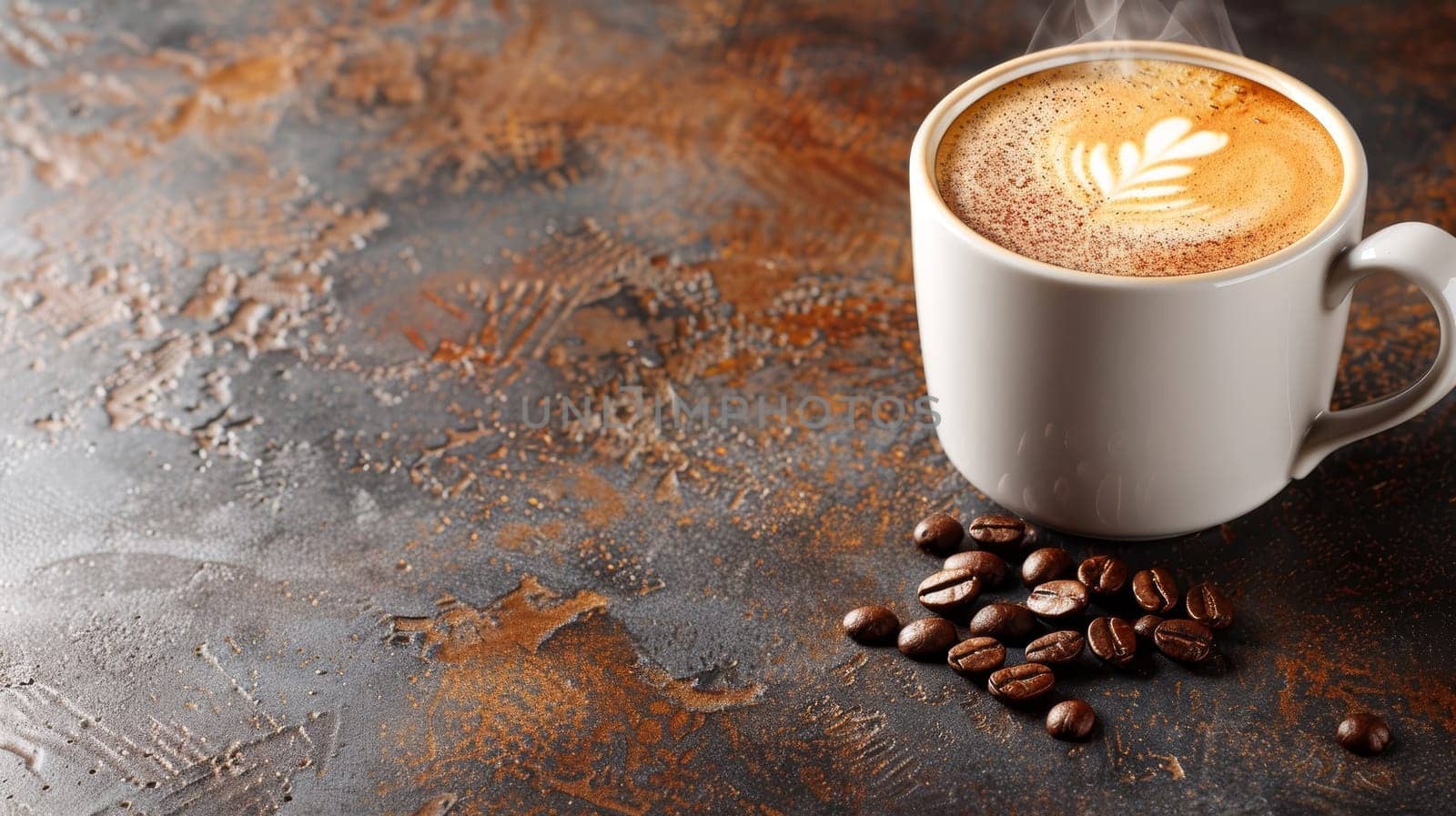 Steam rises from a white coffee cup, set against a textured background with scattered coffee beans, inviting a sensory experience. Banner with copy space
