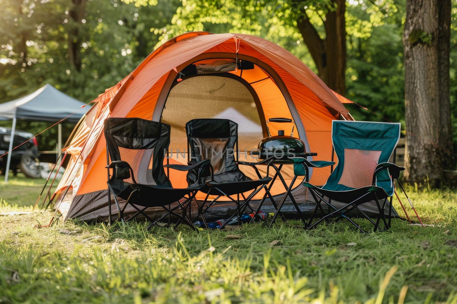 Camping outdoors with lots of sunlight. tent, chairs, a tent BBQ rack, and more.