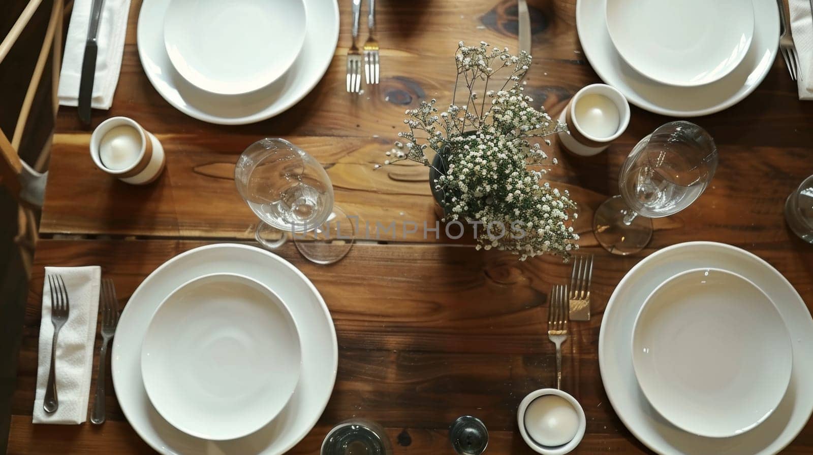 Elegant table setting featuring white plates and gypsophila centerpiece on a wooden table, perfect for intimate gatherings