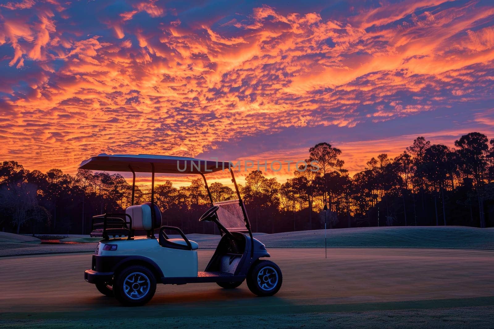 A lone golf cart parked on a fairway at sunset, casting a long shadow, with vibrant orange and pink hues painting the sky.