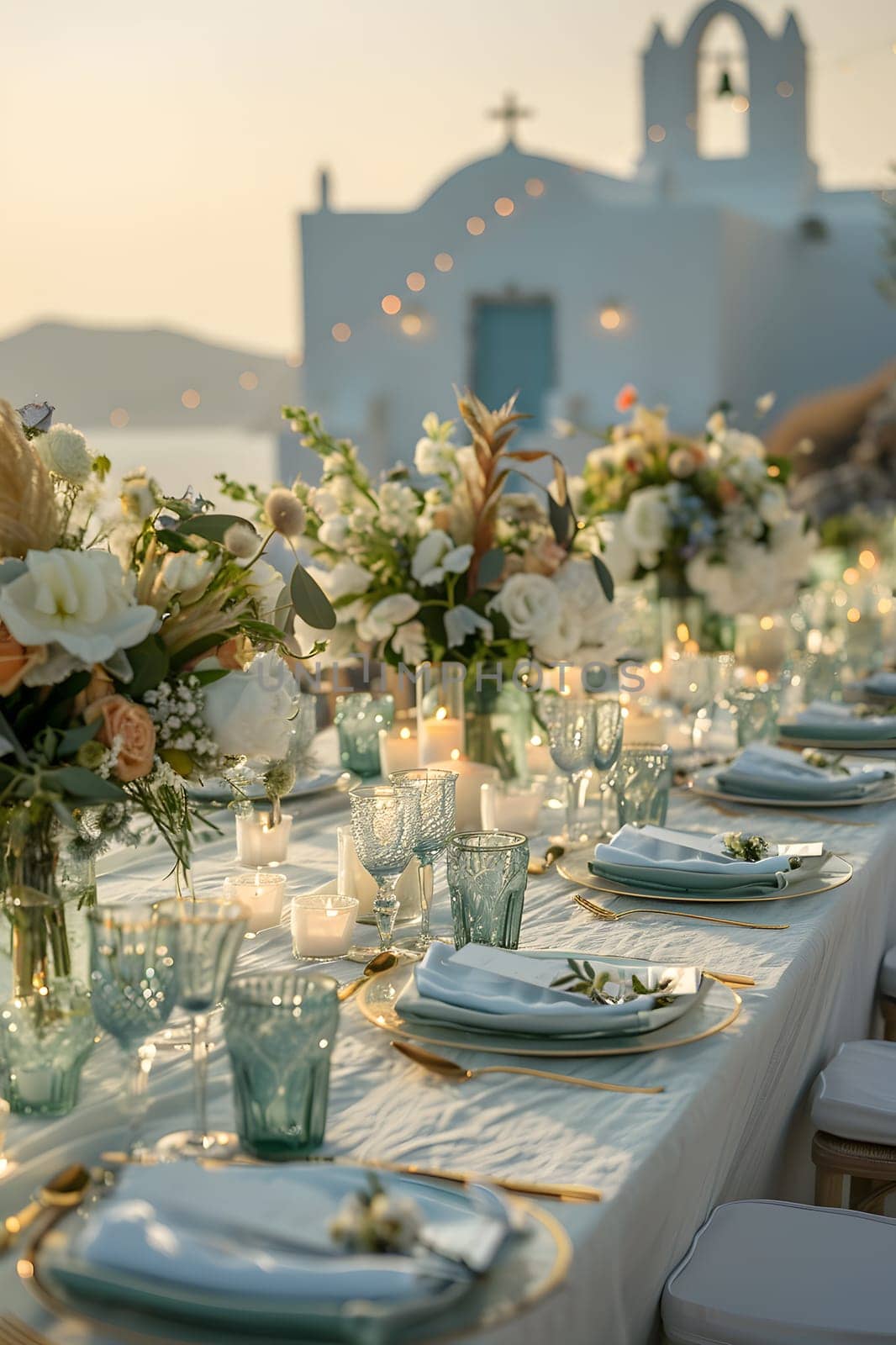 An elegant table setting for a wedding reception with beautiful tableware, plates, glasses, and vases of flowers under the open sky, overlooking a cityscape