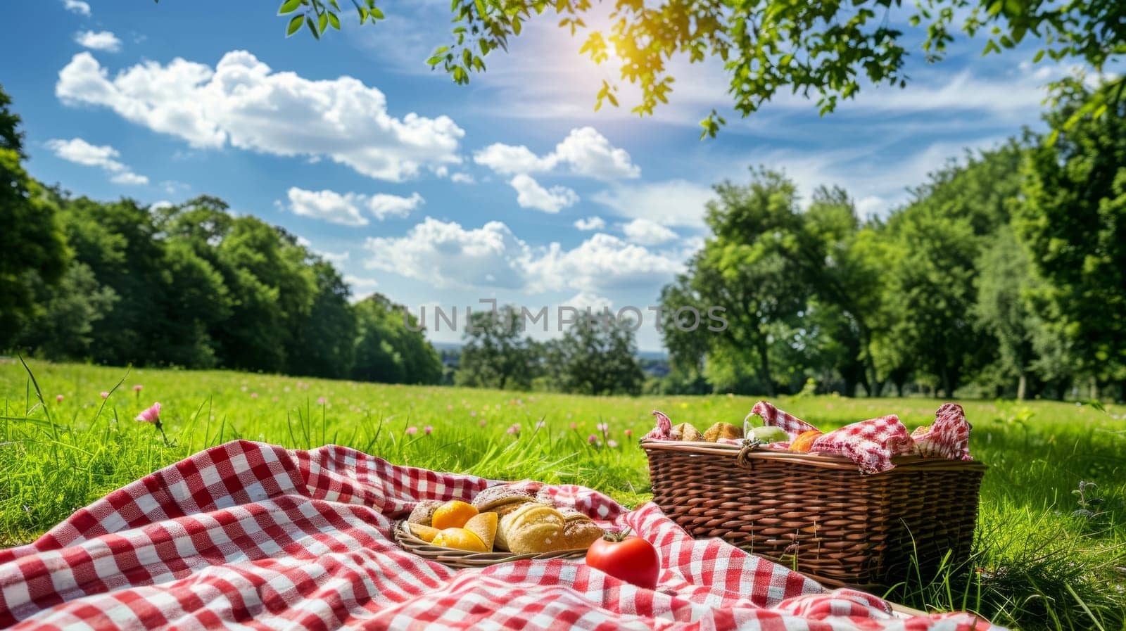 A beautifully arranged picnic on a gingham blanket in the countryside, offering a tranquil spot to enjoy a sunny day outdoors. by sfinks