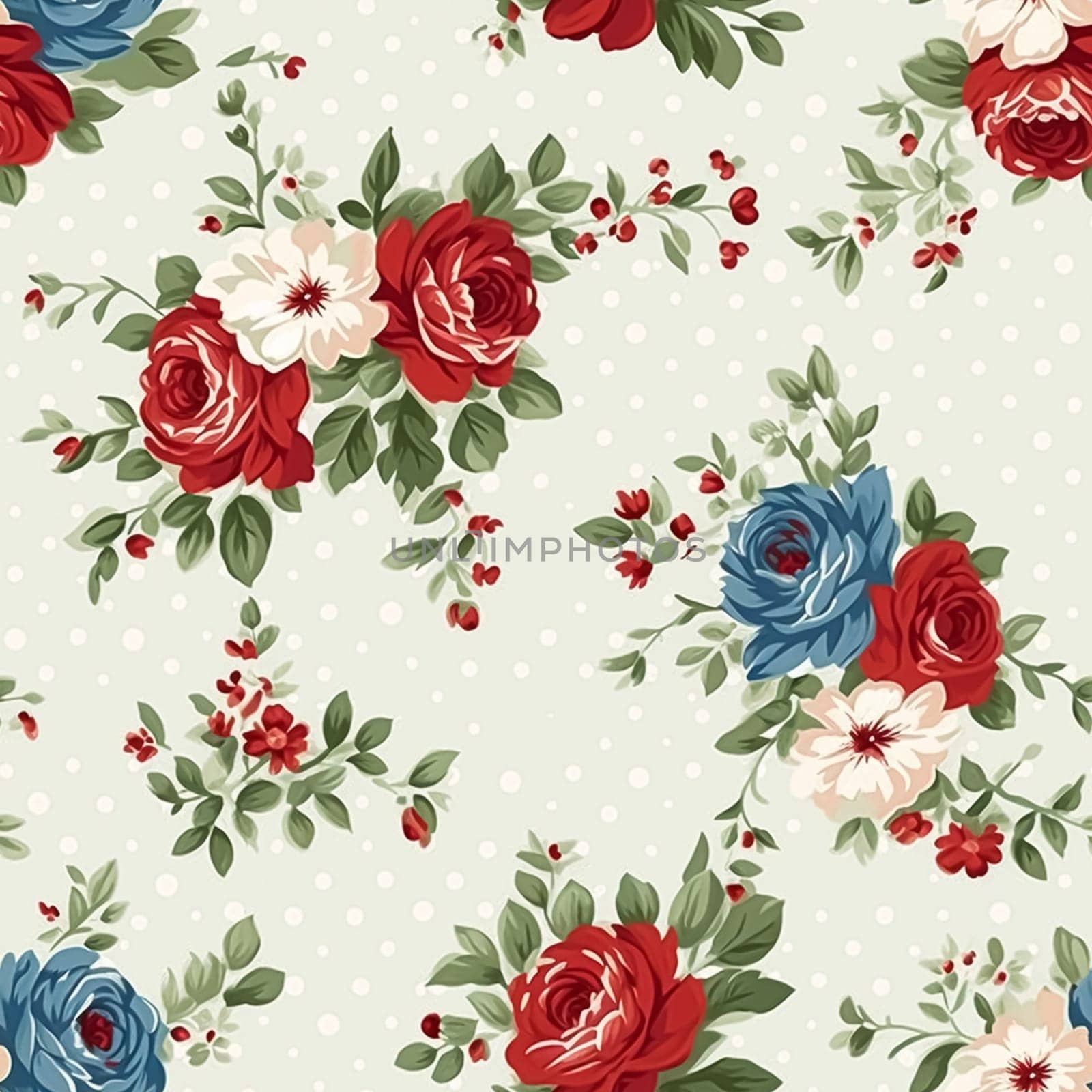 Seamless pattern, tileable floral country holiday print with roses, dots and flowers for wallpaper, wrapping paper, scrapbook, fabric and polka dot roses product design by Anneleven