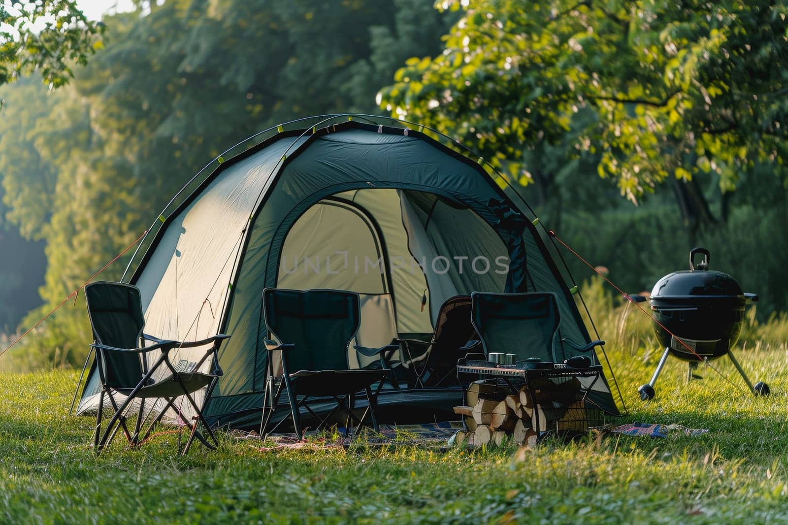 Camping outdoors with lots of sunlight. tent, chairs, a tent BBQ rack, and more.