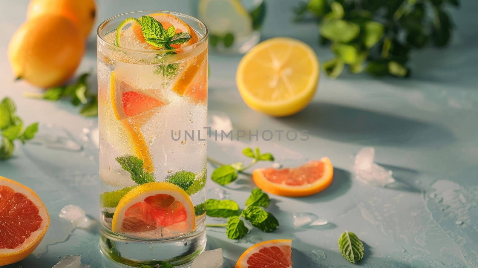 A glass of fruit-infused sparkling water with ice, showcasing slices of lemon and blood orange, accompanied by fresh mint. by sfinks