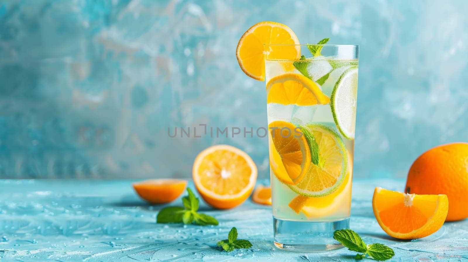 A tall glass of citrus refreshment filled with sparkling water, orange and lemon slices, and mint, on a textured blue surface