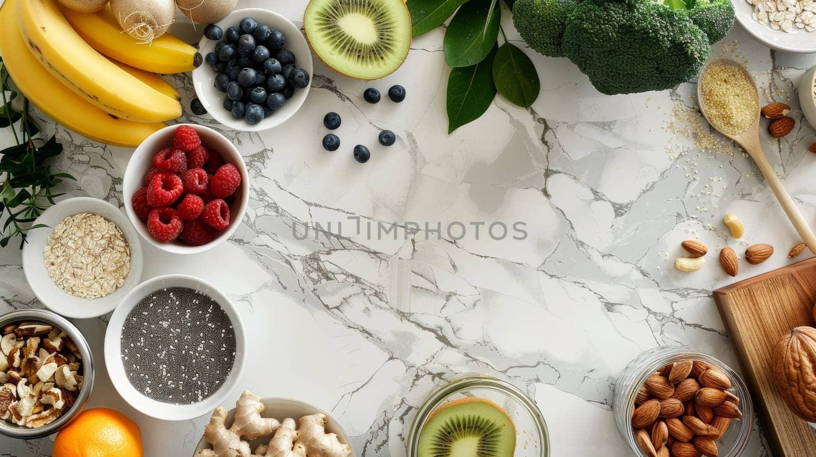 A top-down view of a wholesome breakfast setup, showcasing various fresh ingredients on a chic marbled surface. Banner with copy space.
