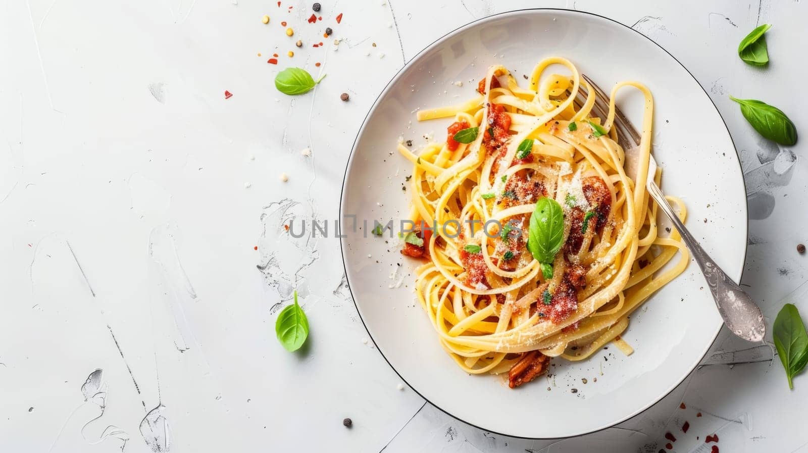 A beautifully plated spaghetti Aglio e Olio, garnished with fresh basil, grated parmesan, and a scattering of spices on a clean white background. Banner with copy space.
