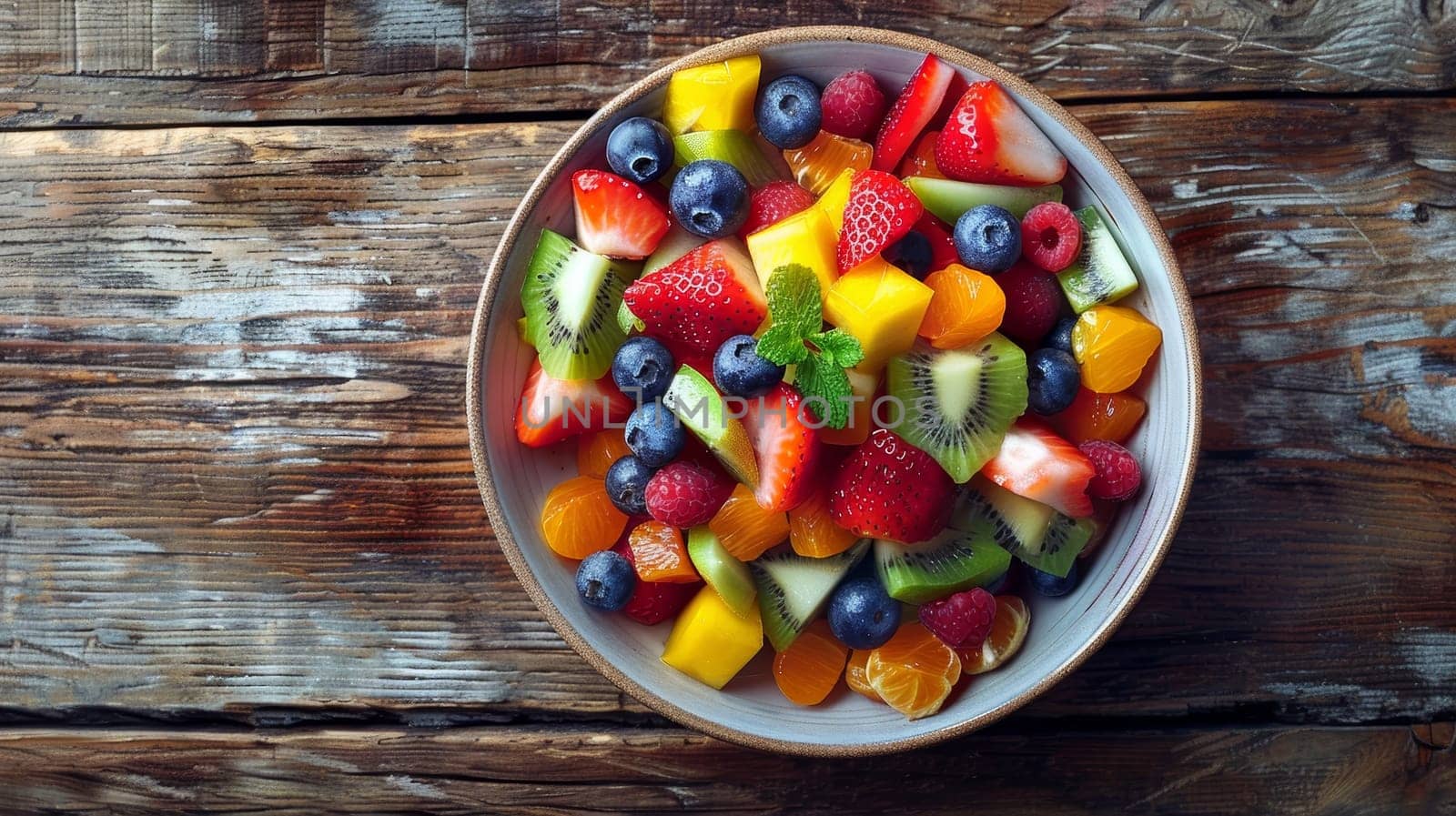 A top-down view of a colorful fruit salad with strawberries, blueberries, raspberries, and citrus in a ceramic bowl on a wooden surface. Banner with copy space.