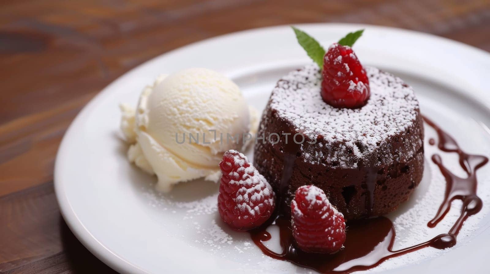 Decadent chocolate lava cake garnished with raspberries and served with vanilla ice cream on a white plate, perfect for a luxurious dessert. by sfinks