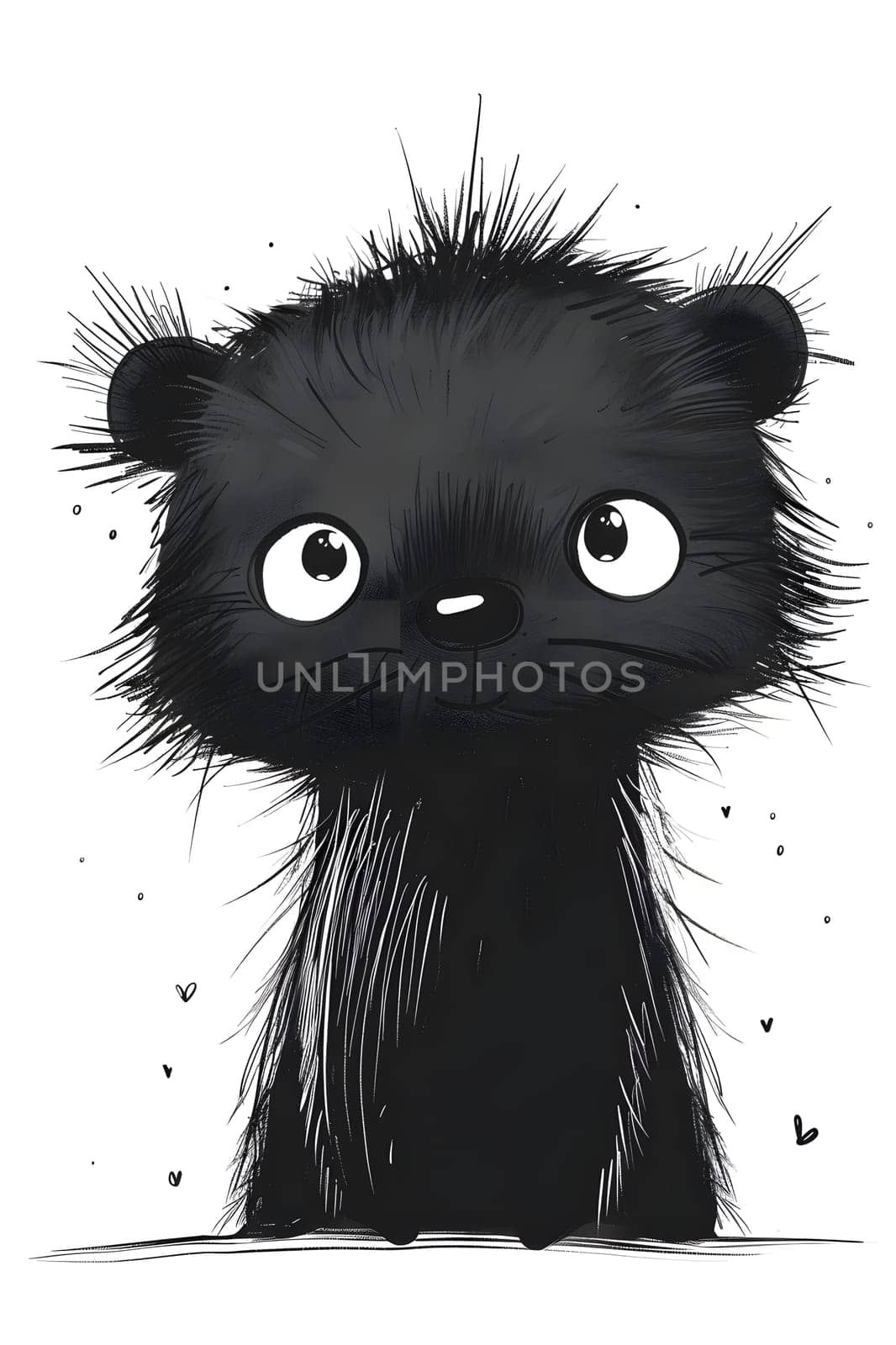 A toysized black Felidae cat with big eyes, whiskers, and fur is sitting on a white surface. Its gesture, snout, tail, and small size make it a charming subject for art