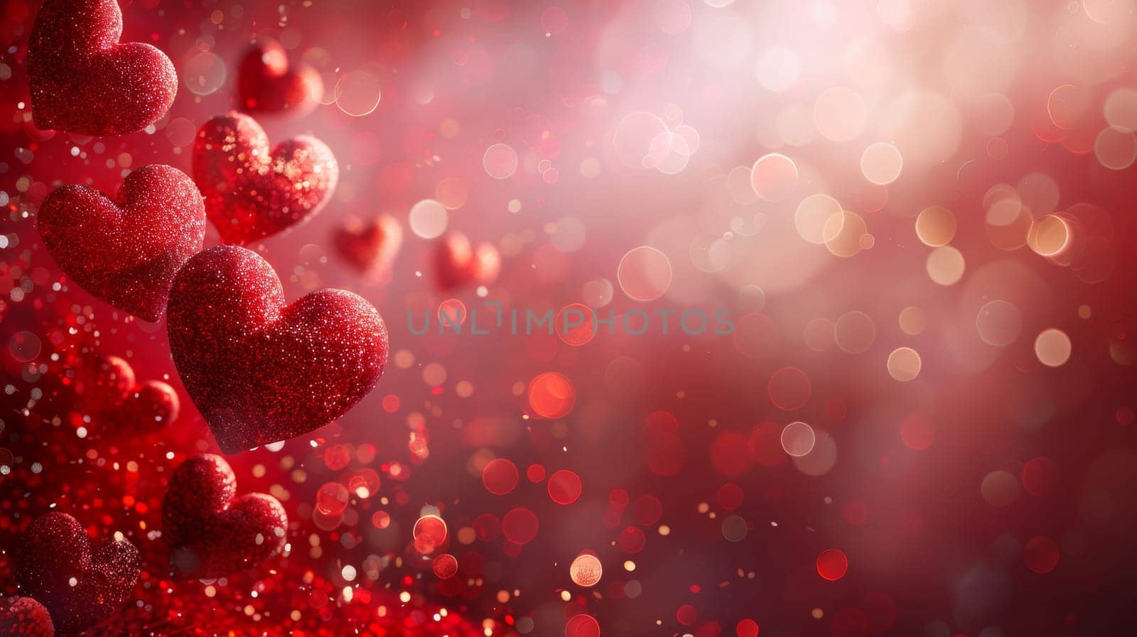 A red background with many red hearts scattered around it. The hearts are in different sizes and are placed in various positions. Scene is romantic and playful