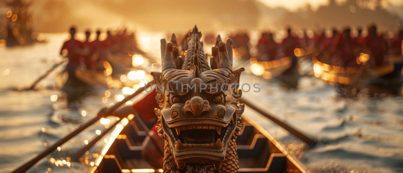 Colorful dragon boats queue on serene waters, their vibrant designs reflecting the festivity of the boat festival. by sfinks