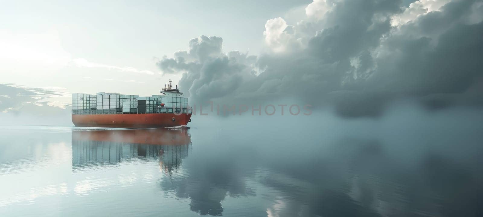 A large red ship is sailing through a foggy sea by AI generated image by wichayada