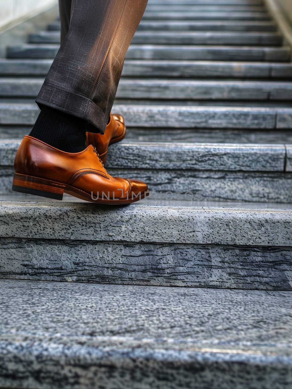 Close-up of a mans polished brown formal shoes ascending a flight of concrete steps, symbolizing progress and determination