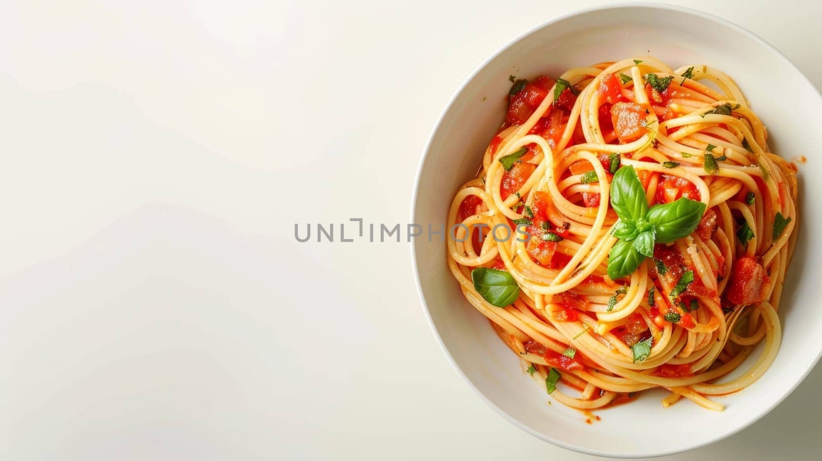 An elegantly simple dish of spaghetti pomodoro garnished with fresh basil, served in a white bowl. Banner with copy space