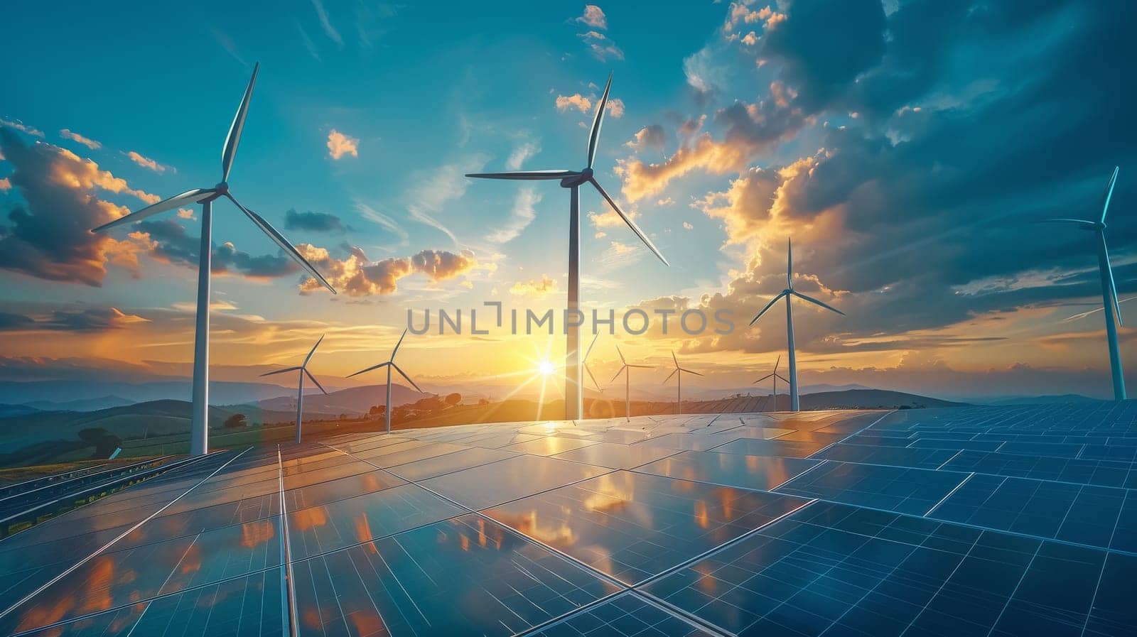 A wind farm with several wind turbines is shown in the image. The sky is cloudy and the sun is setting, creating a moody atmosphere. The wind turbines are spread out across the landscape