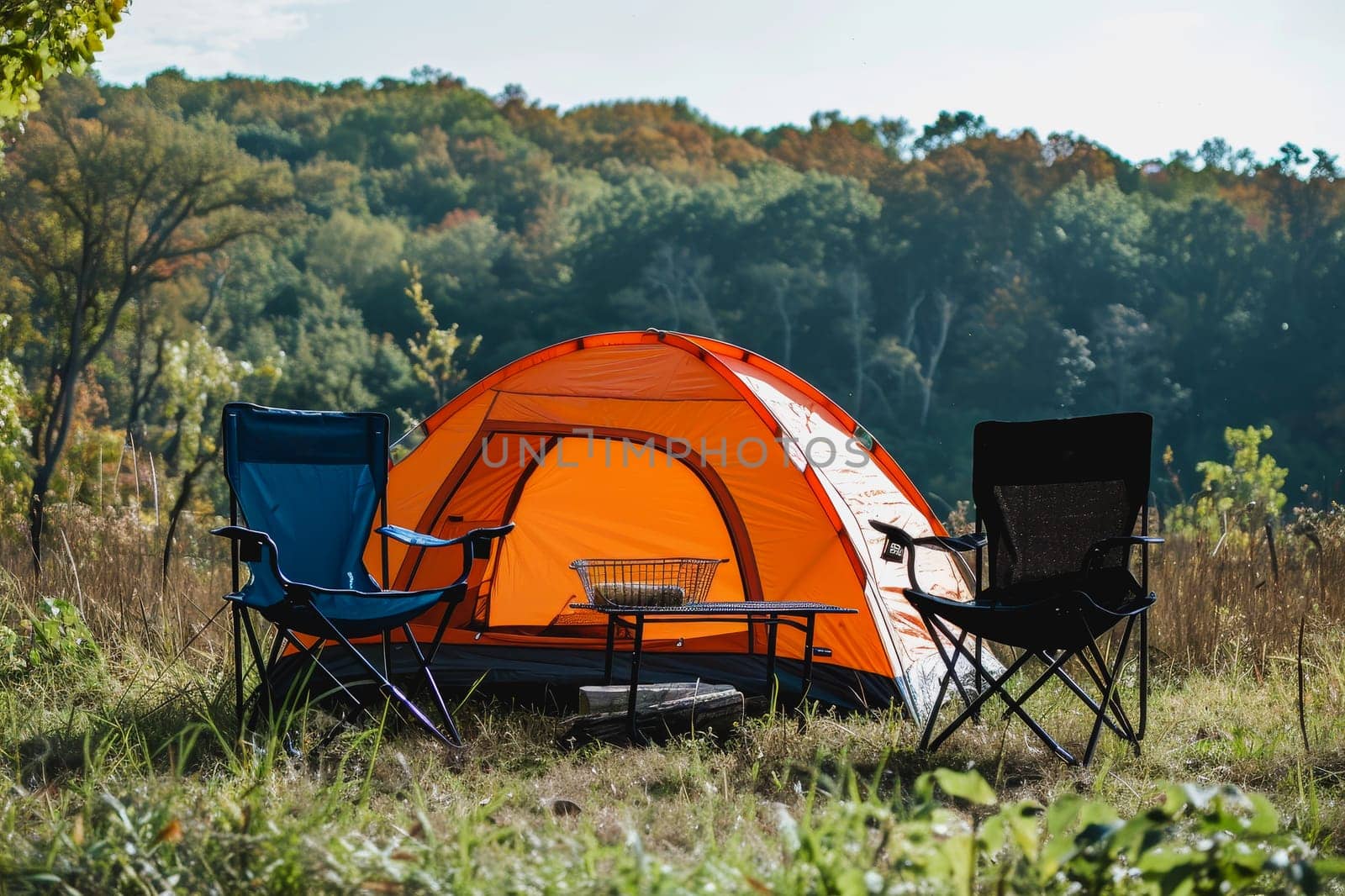 Camping outdoors with lots of sunlight. tent, chairs, a tent BBQ rack, and more by Manastrong