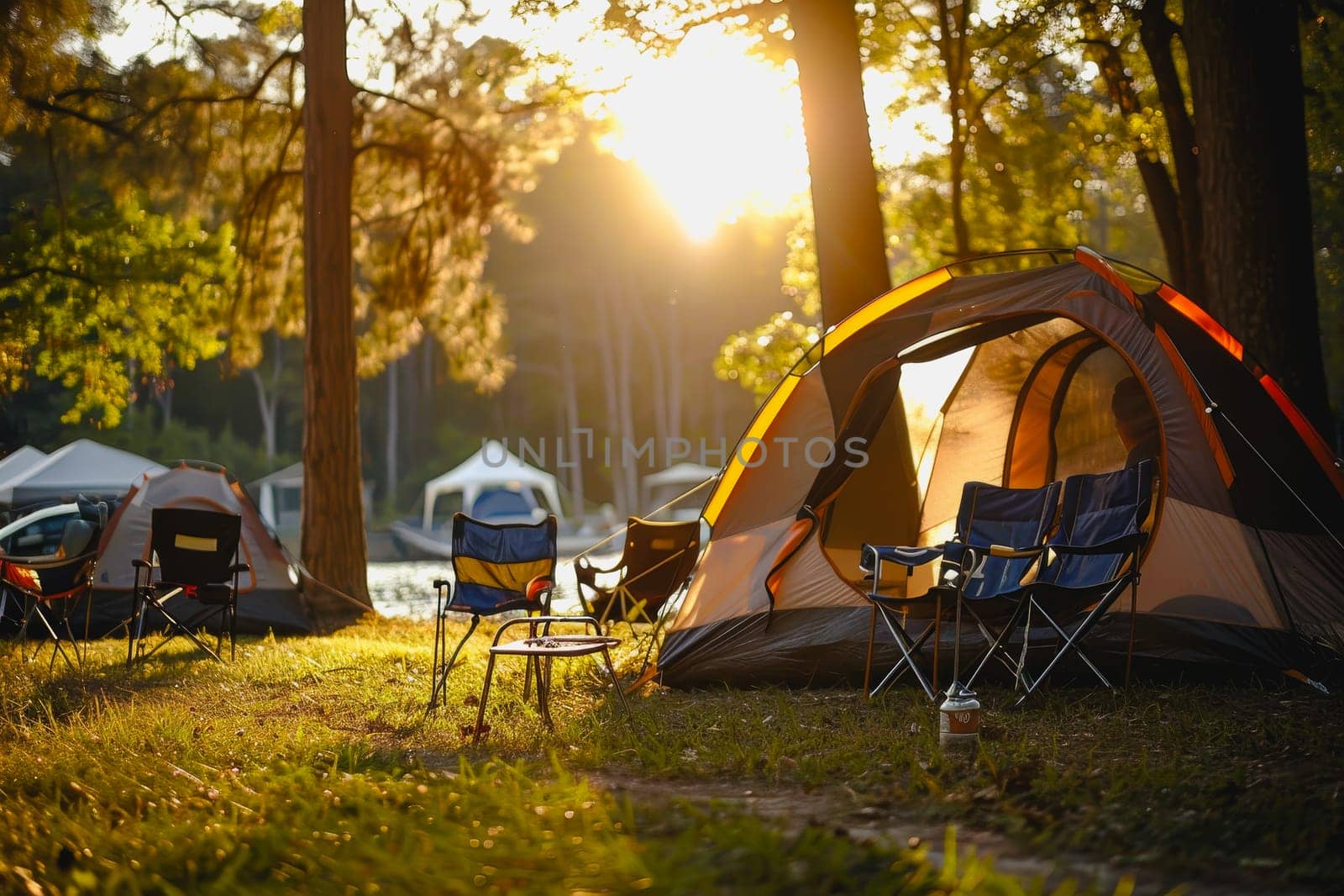 Camping outdoors with lots of sunlight. tent, chairs, a tent BBQ rack, and more.