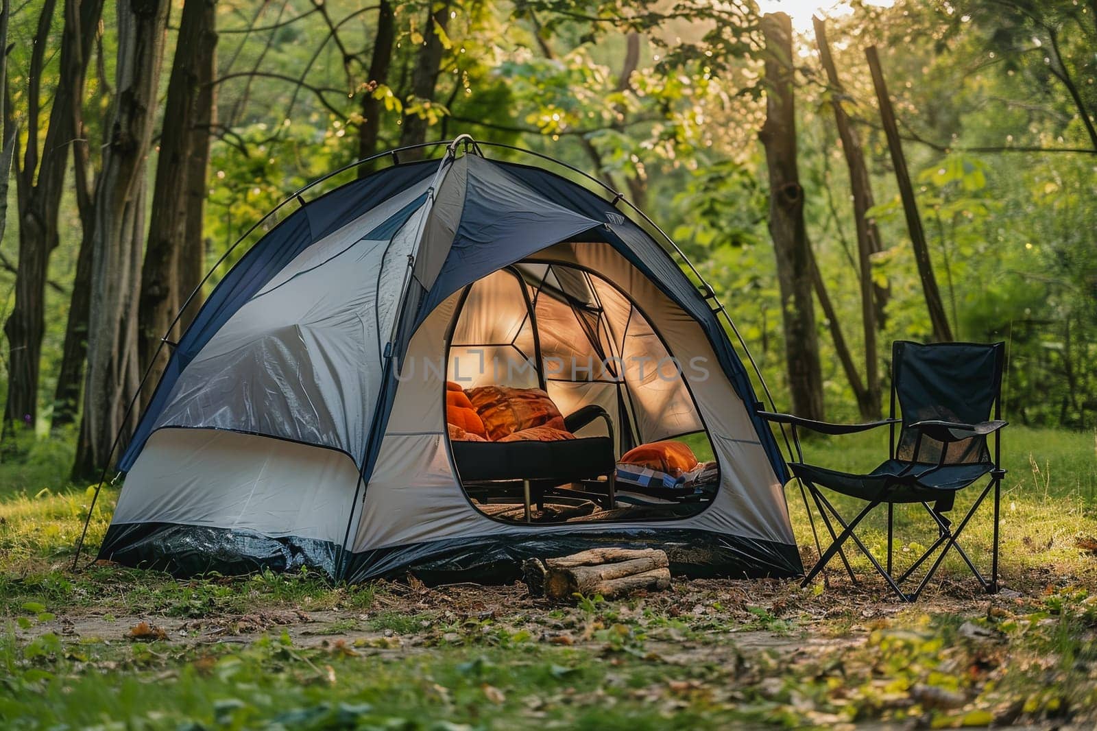 Camping outdoors with lots of sunlight. tent, chairs, a tent BBQ rack, and more.