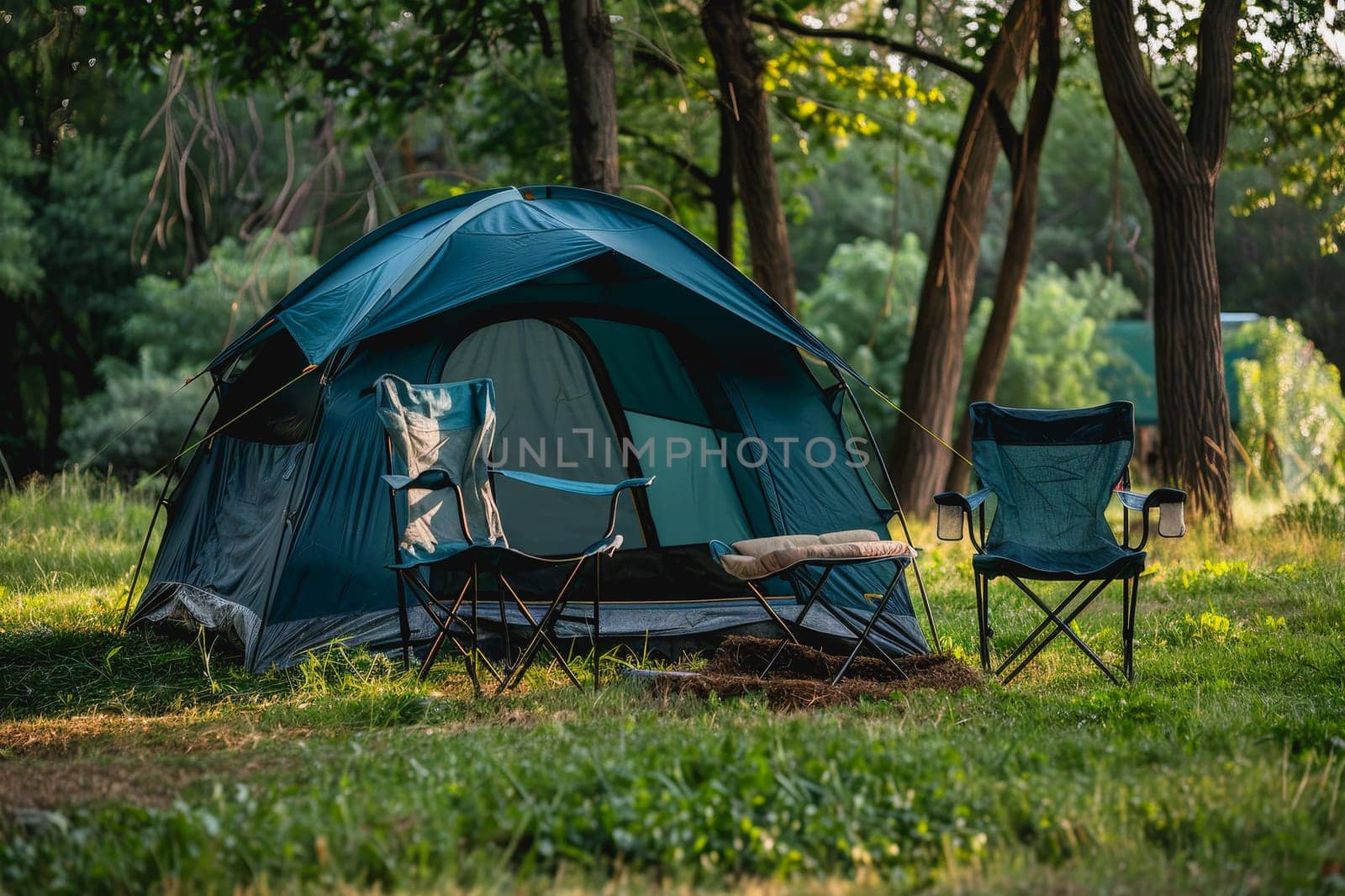 Camping outdoors with lots of sunlight. tent, chairs, a tent BBQ rack, and more.