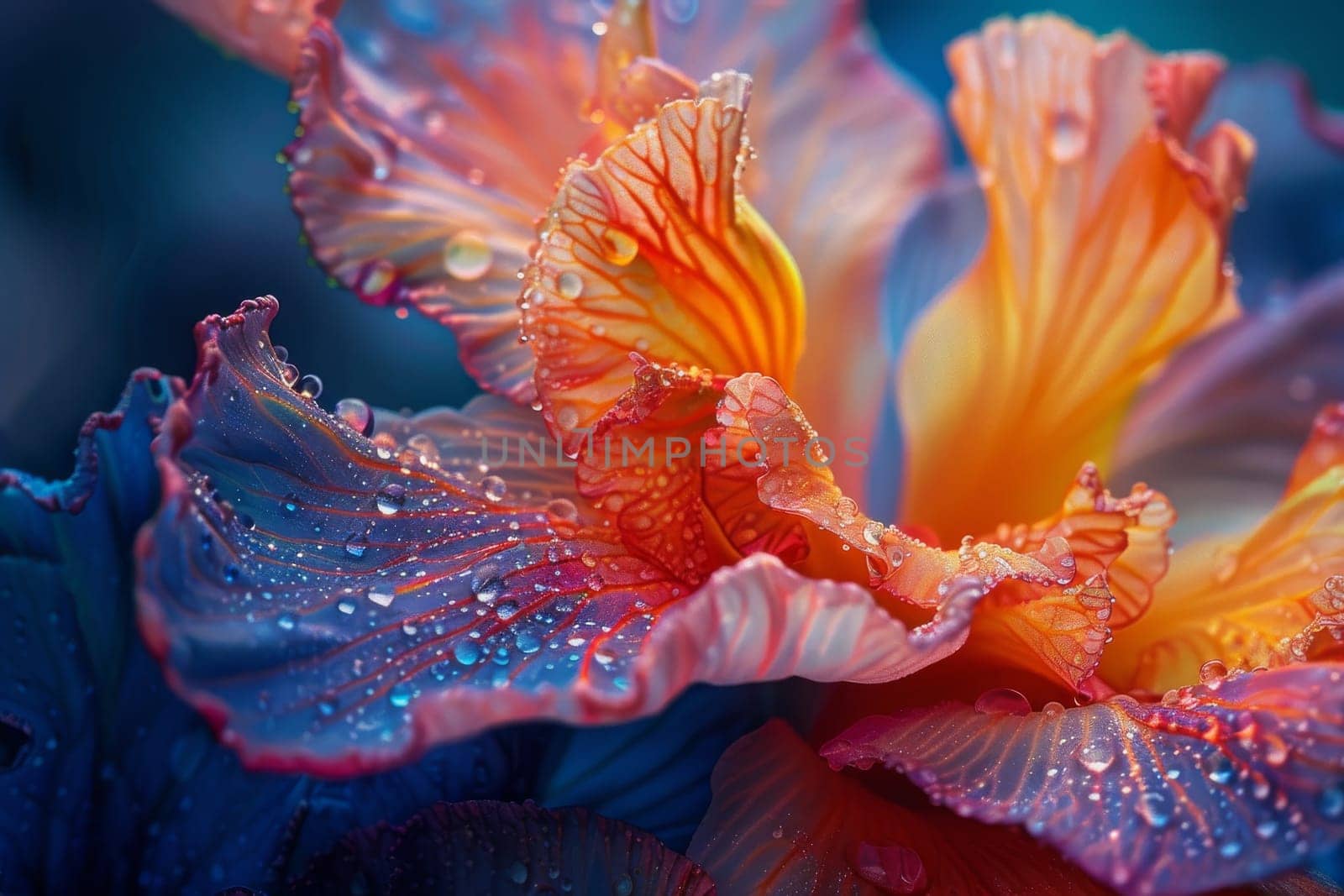 A close up of a flower with droplets of water on it. The flower is a mix of blue, pink, and yellow