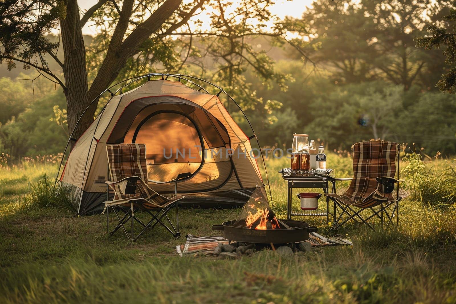 Camping outdoors with lots of sunlight. tent, chairs, a tent BBQ rack, and more.