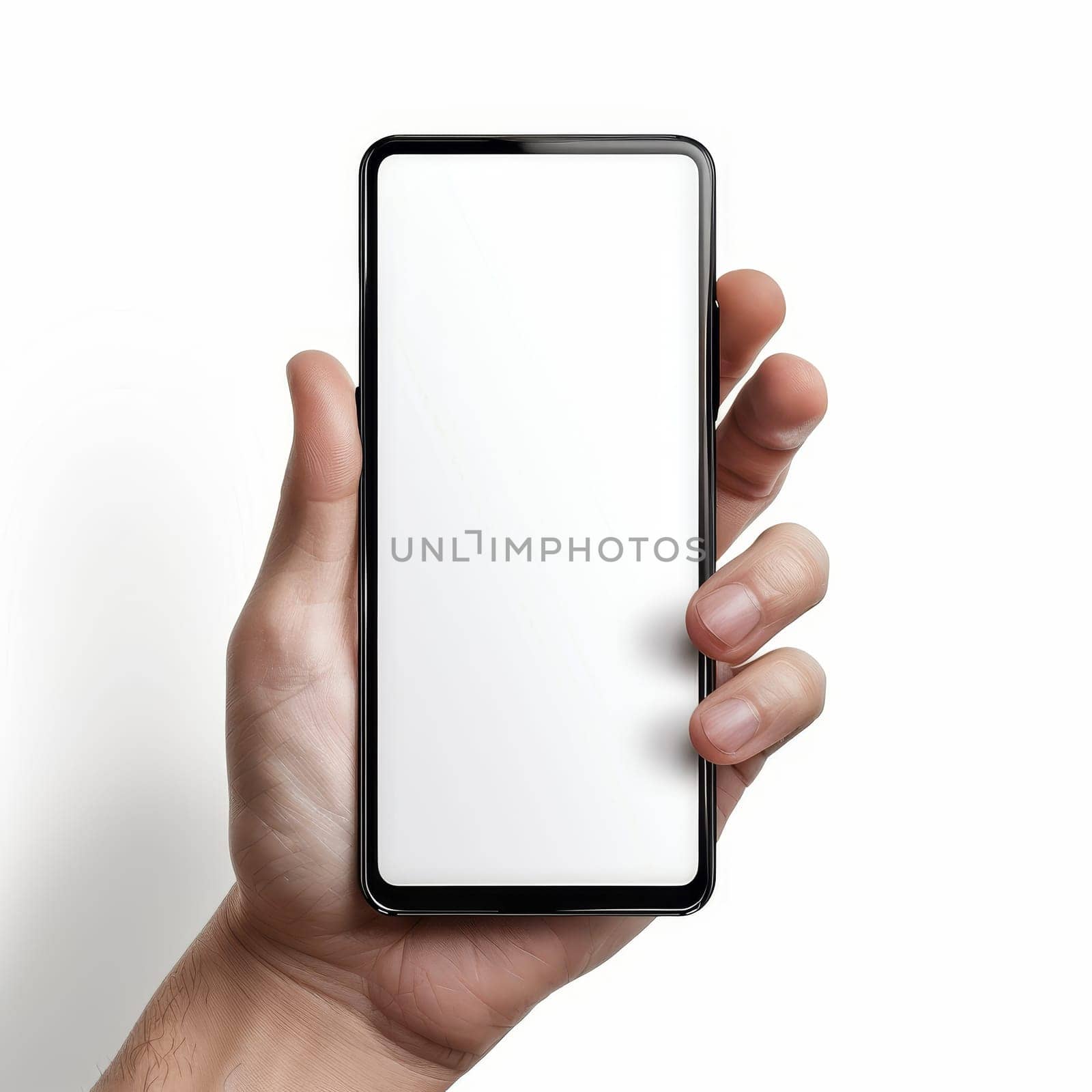 A hand holding a phone with a white screen by AI generated image.