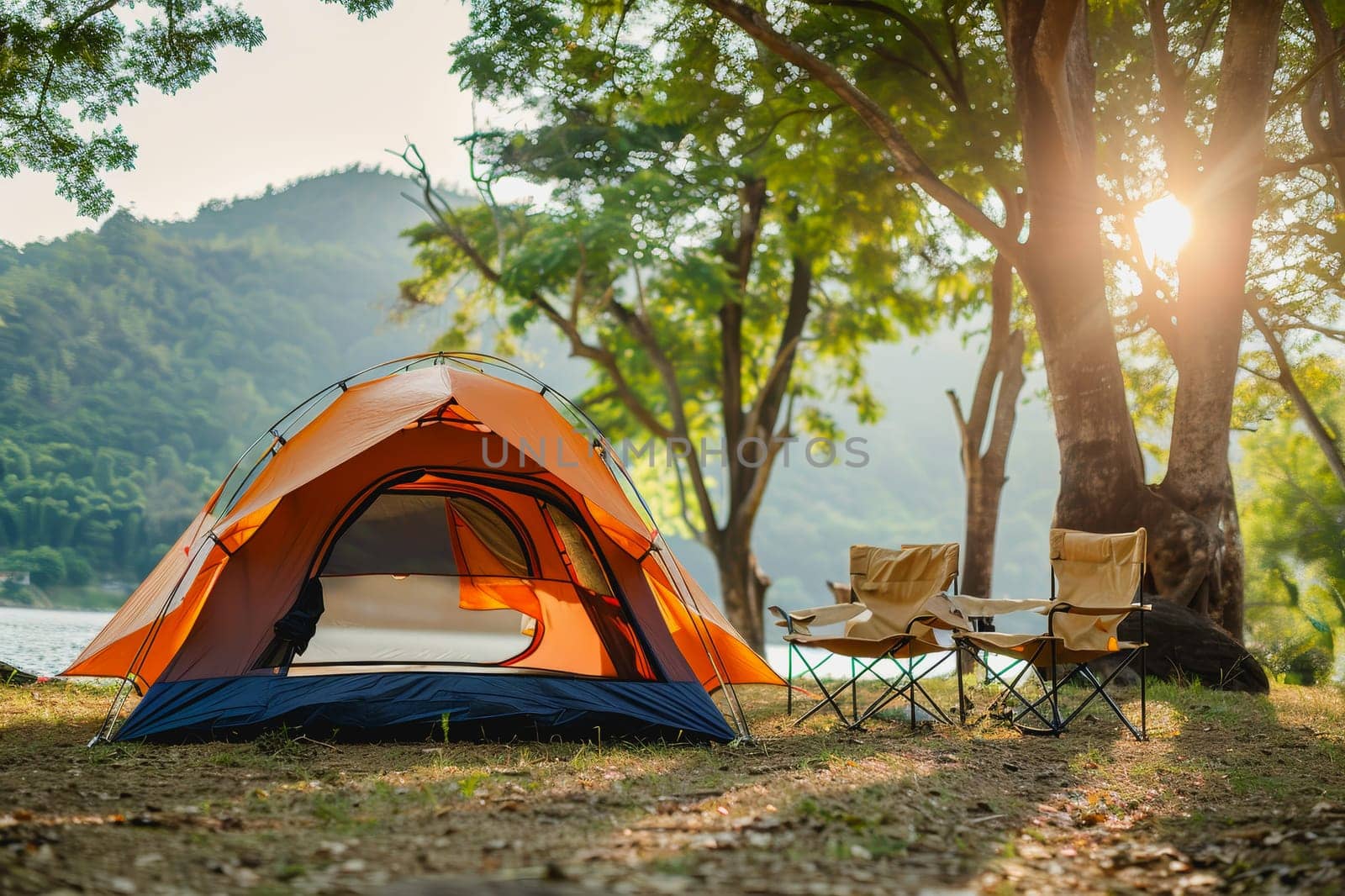 Camping outdoors with lots of sunlight. tent, chairs, a tent BBQ rack, and more.