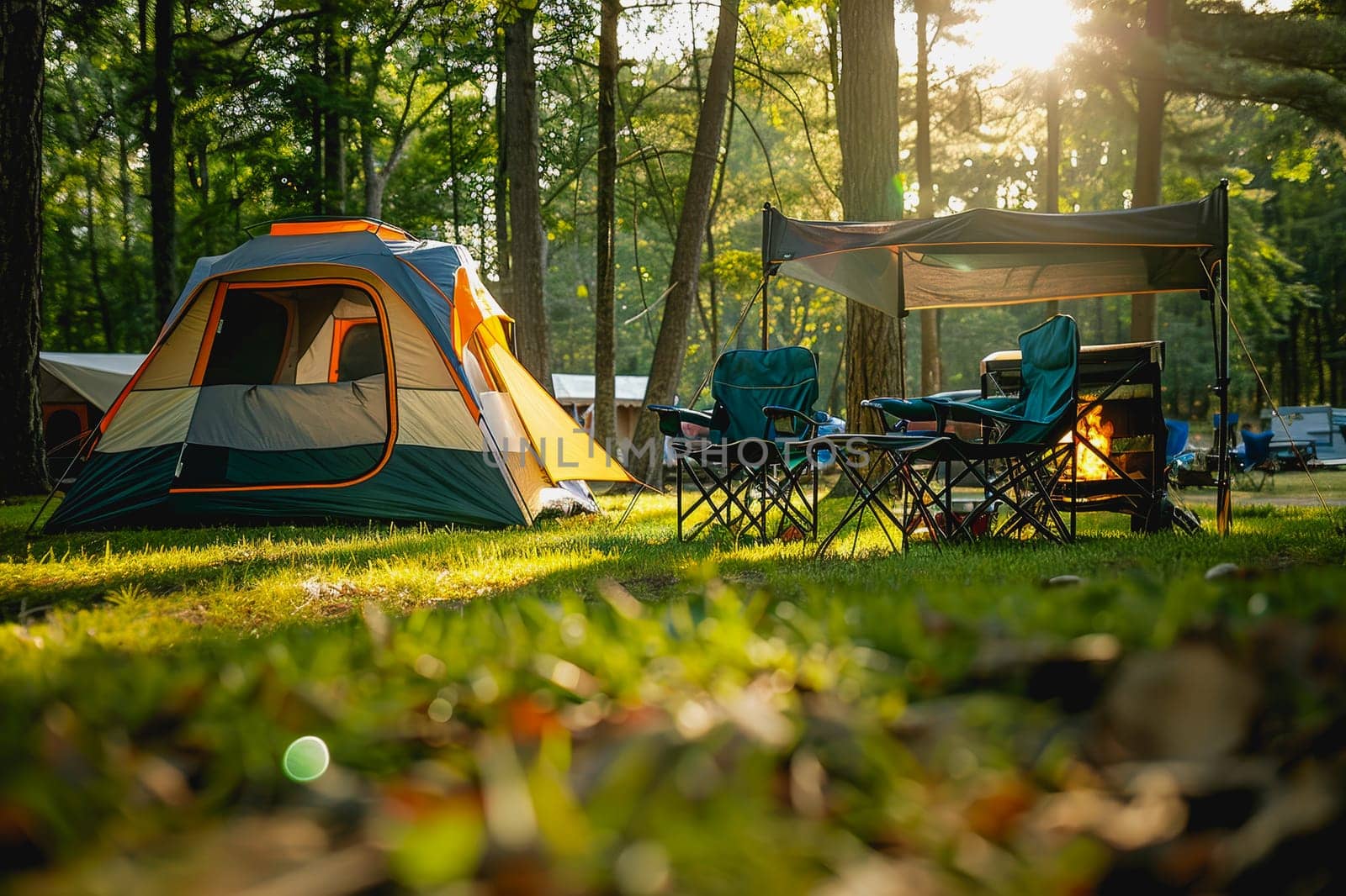 Camping outdoors with lots of sunlight. tent, chairs, a tent BBQ rack, and more.