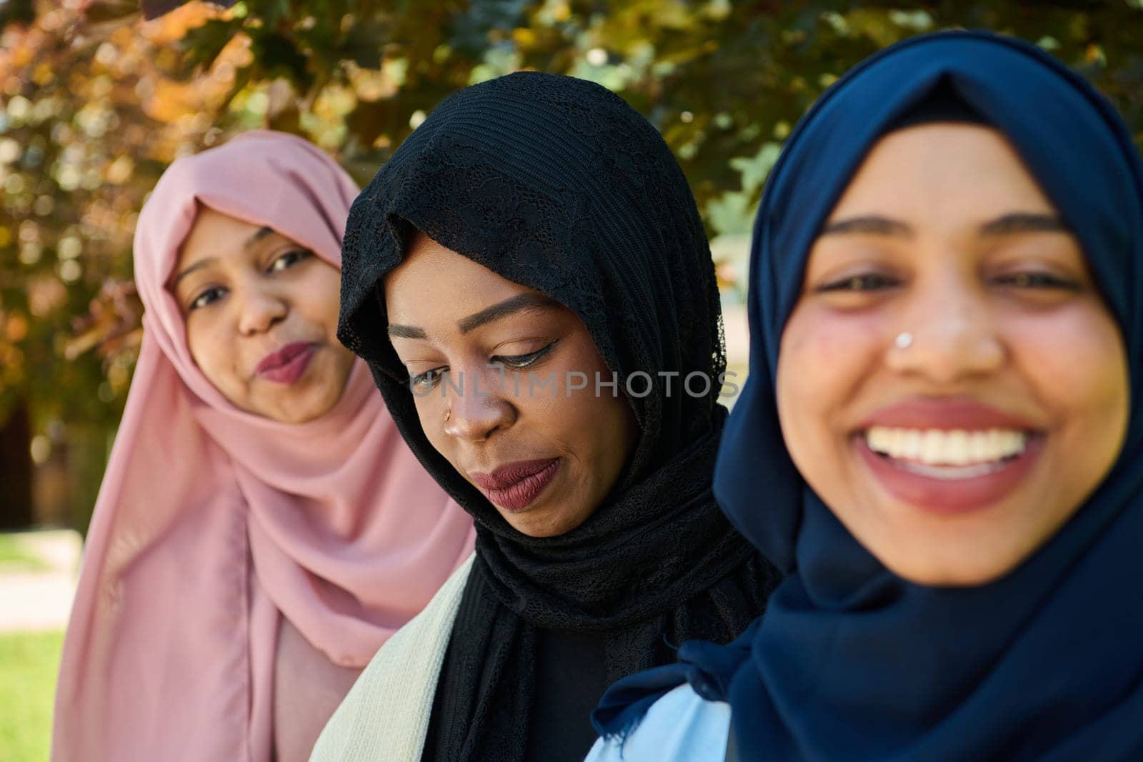 A symbolic portrayal of unity and sisterhood as a group of Middle Eastern Muslim women, wearing hijabs, come together for a collective photograph