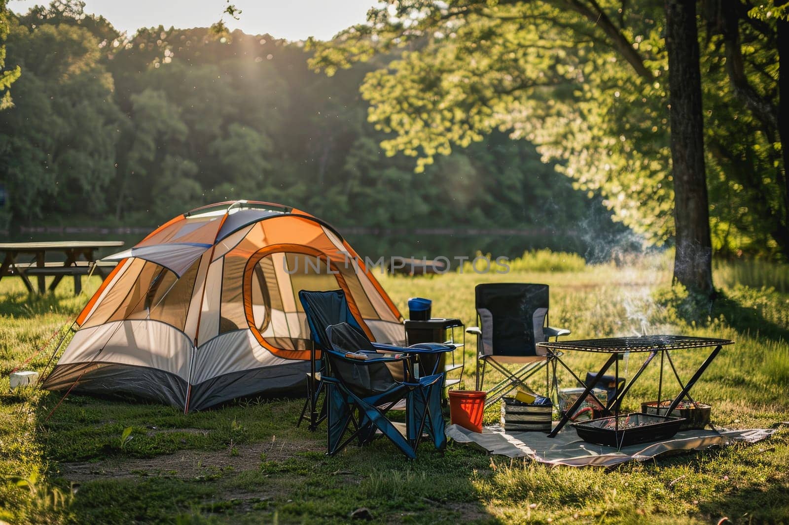 Camping outdoors with lots of sunlight. tent, chairs, a tent BBQ rack, and more.