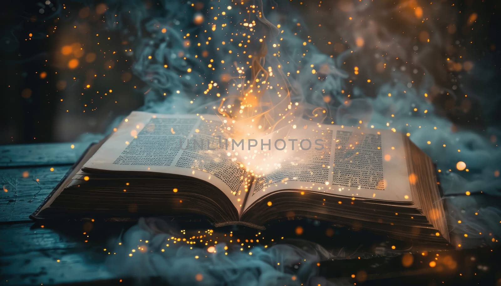 A book is open to a page with a fire burning on it by AI generated image.