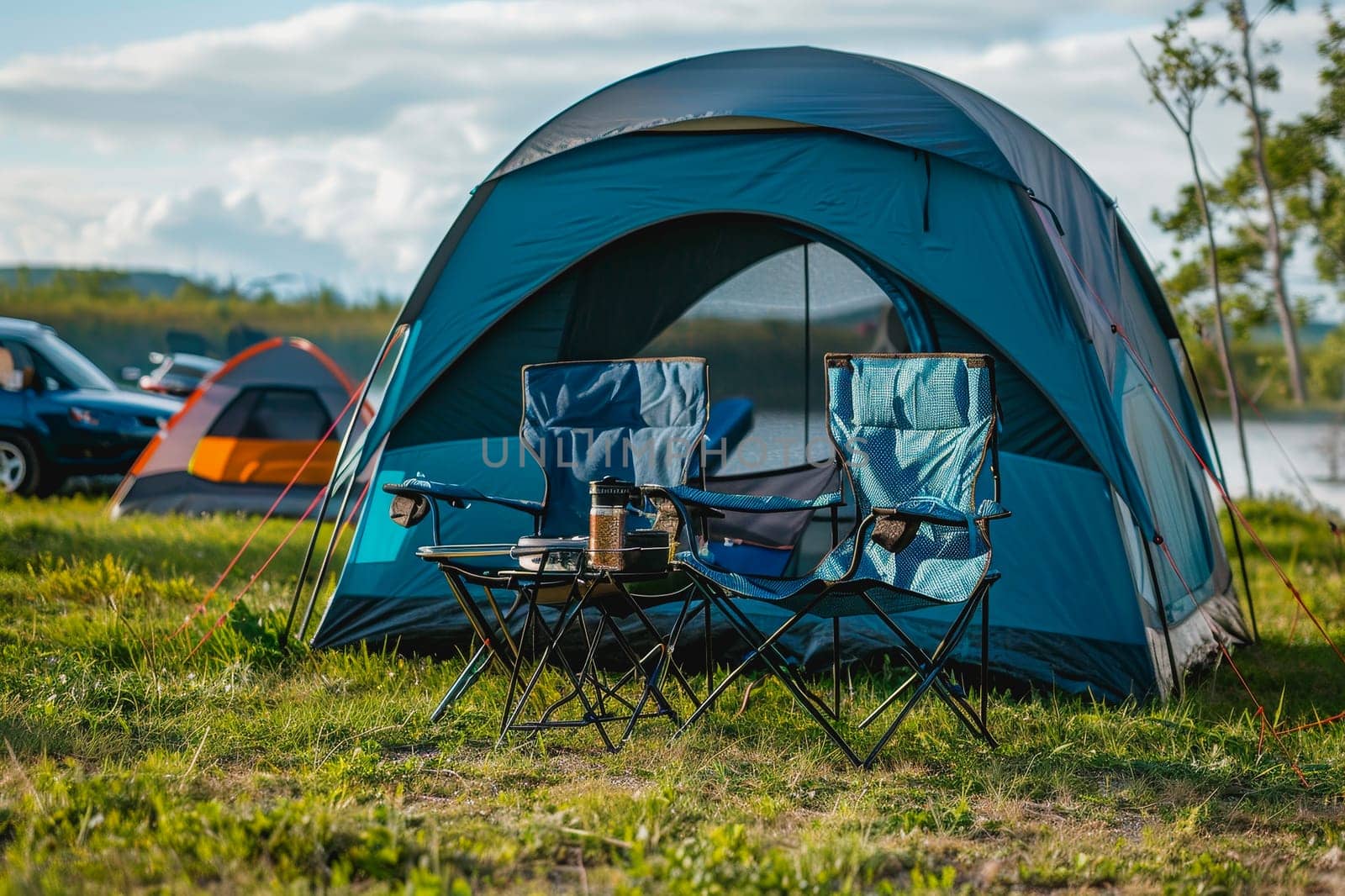 Camping outdoors with lots of sunlight. tent, chairs, a tent BBQ rack, and more.