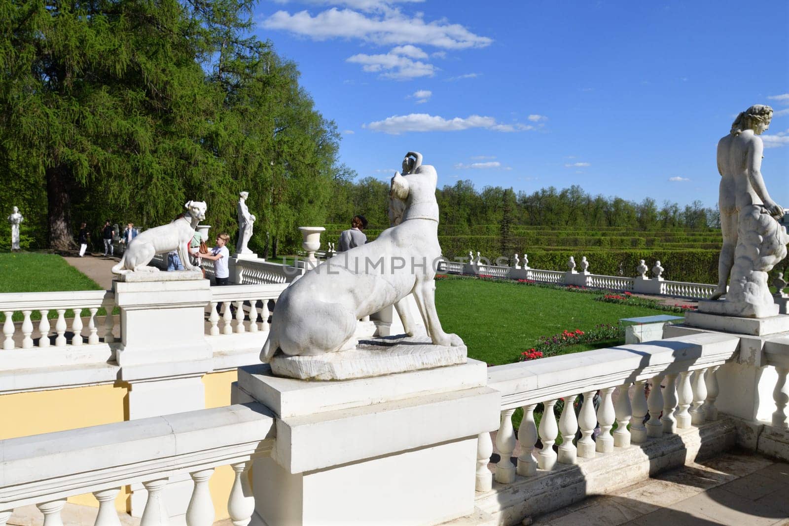Krasnogorsk, Russia - 1 May. 2024. Balustrade with statues in the Arkhangelskoye Estate Museum.