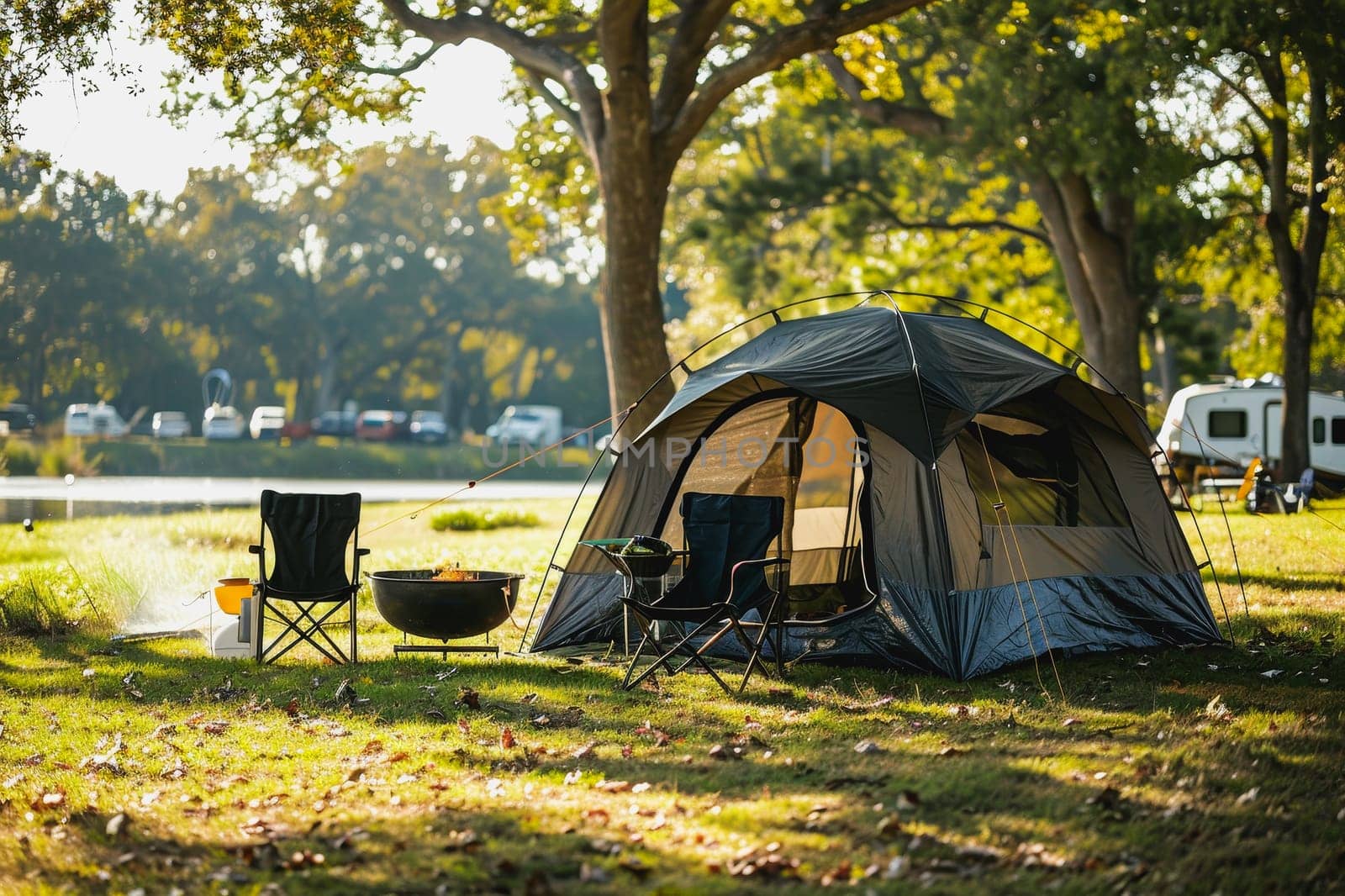 Camping outdoors with lots of sunlight. tent, chairs, a tent BBQ rack, and more.