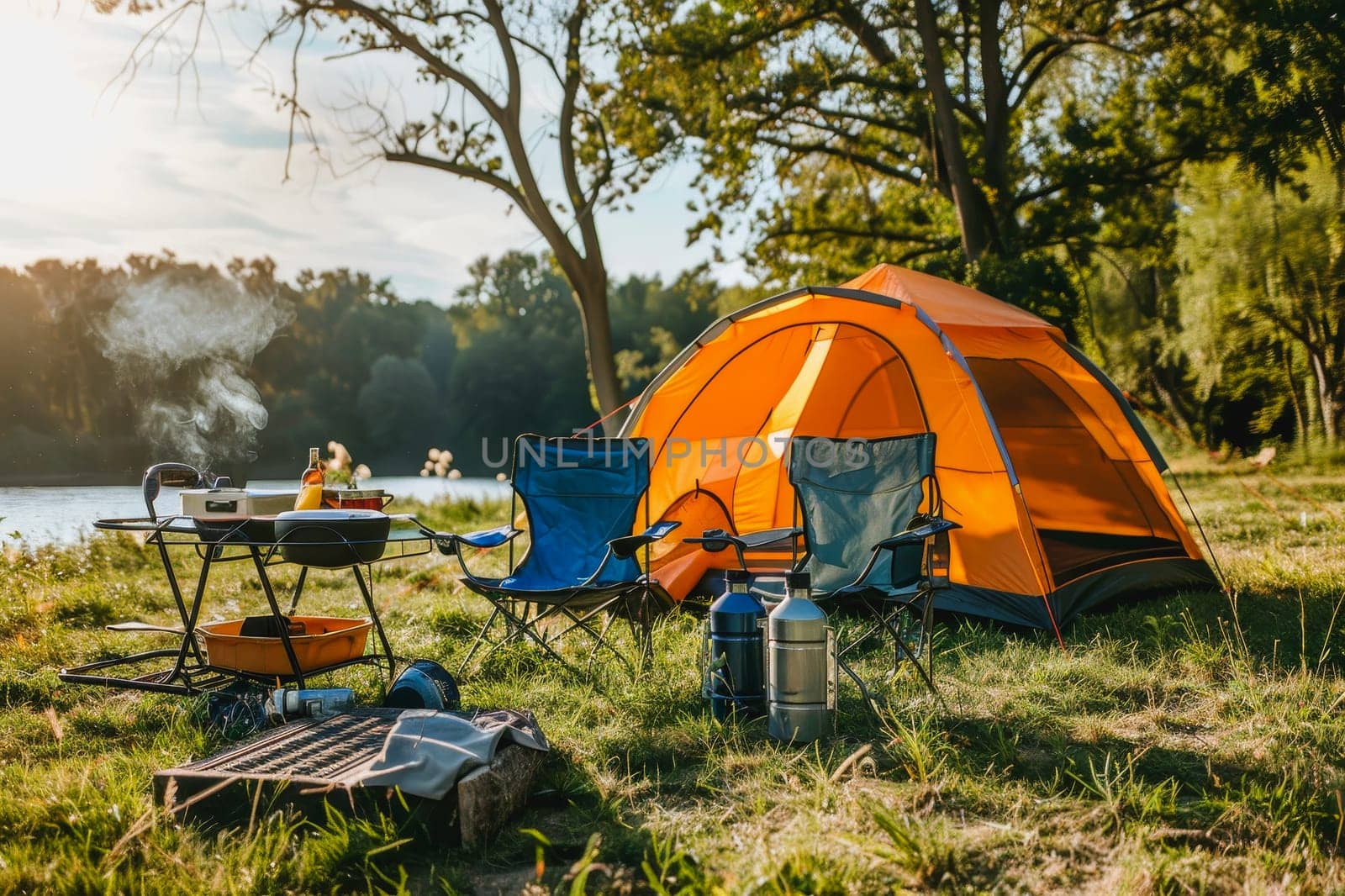 Camping outdoors with lots of sunlight. tent, chairs, a tent BBQ rack, and more.