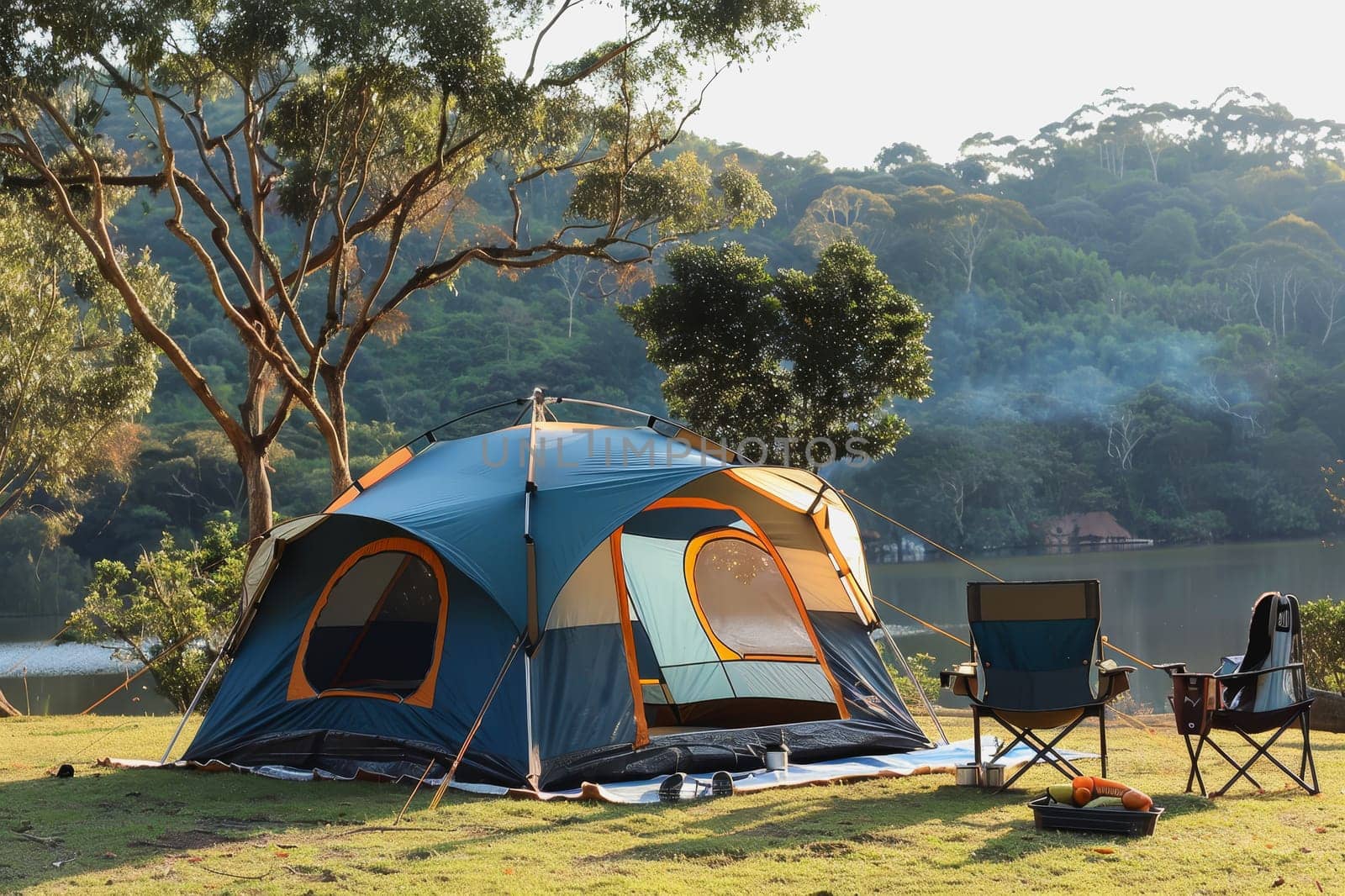 Camping outdoors with lots of sunlight. tent, chairs, a tent BBQ rack, and more.