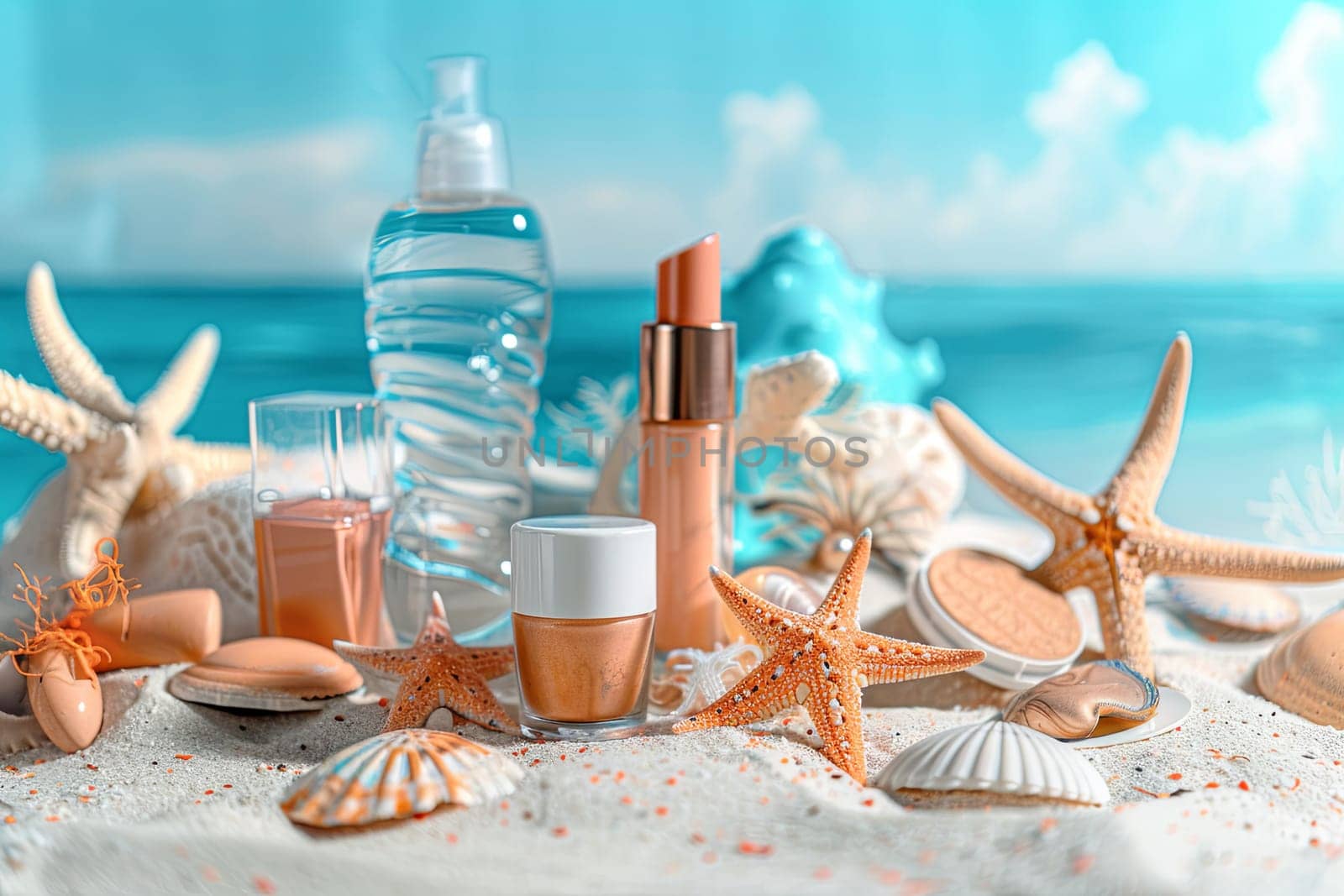 A beach scene featuring starfish, shells, and various cosmetics products scattered on the sand against a seascape background. Generative AI by AnatoliiFoto