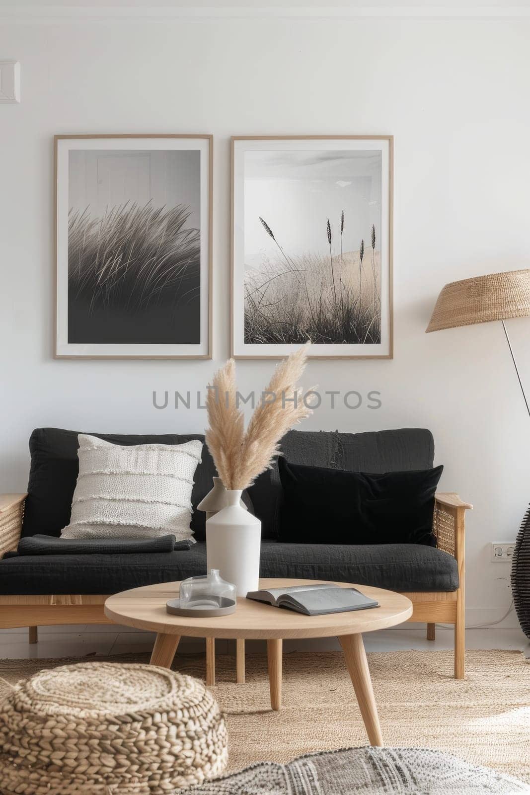 A living room with a black couch and a white coffee table. There is a book on the table as well