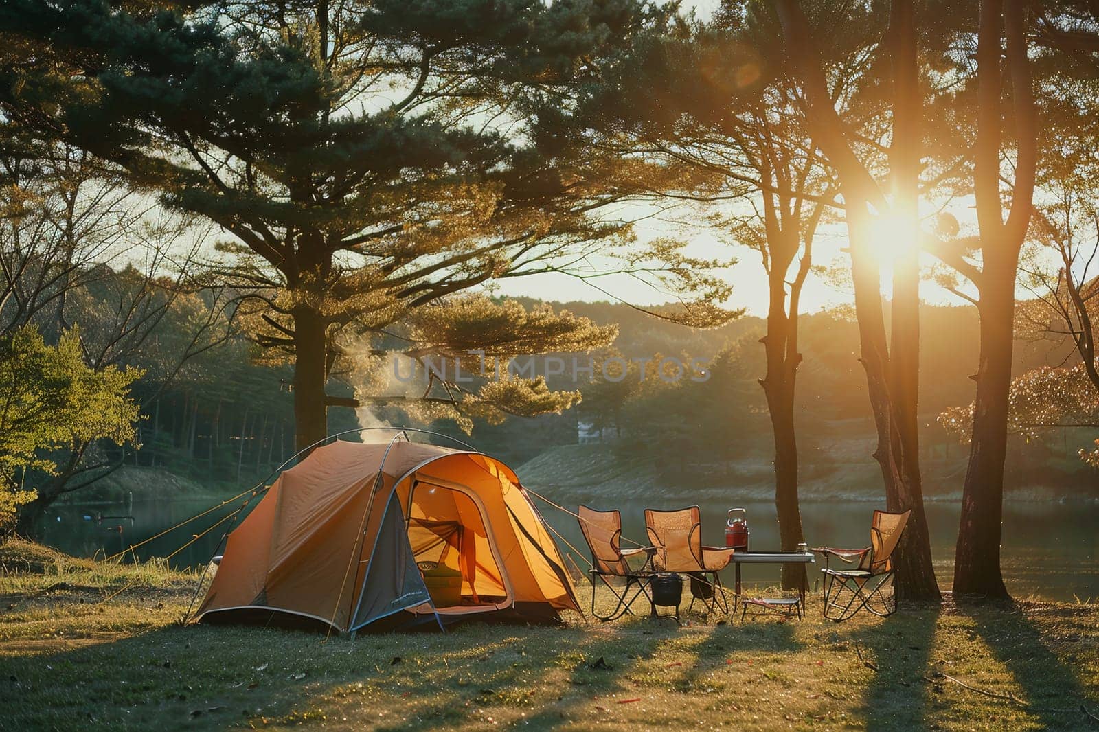 Camping outdoors with lots of sunlight. tent, chairs, a tent BBQ rack, and more by Manastrong