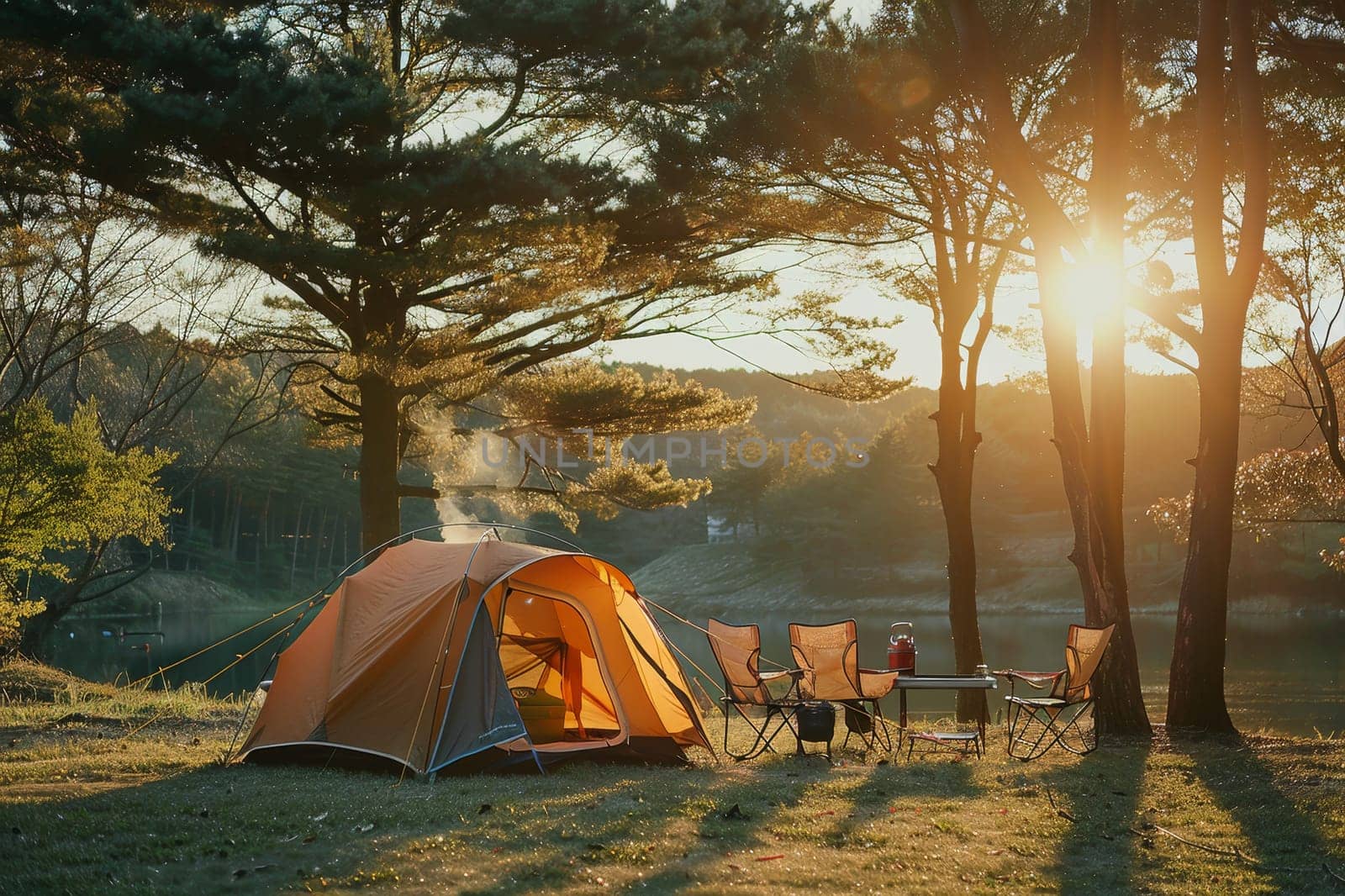 Camping outdoors with lots of sunlight. tent, chairs, a tent BBQ rack, and more.