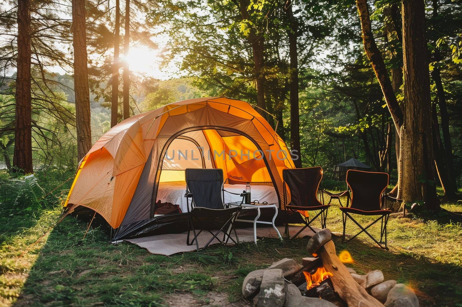 Camping outdoors with lots of sunlight. tent, chairs, a tent BBQ rack, and more.