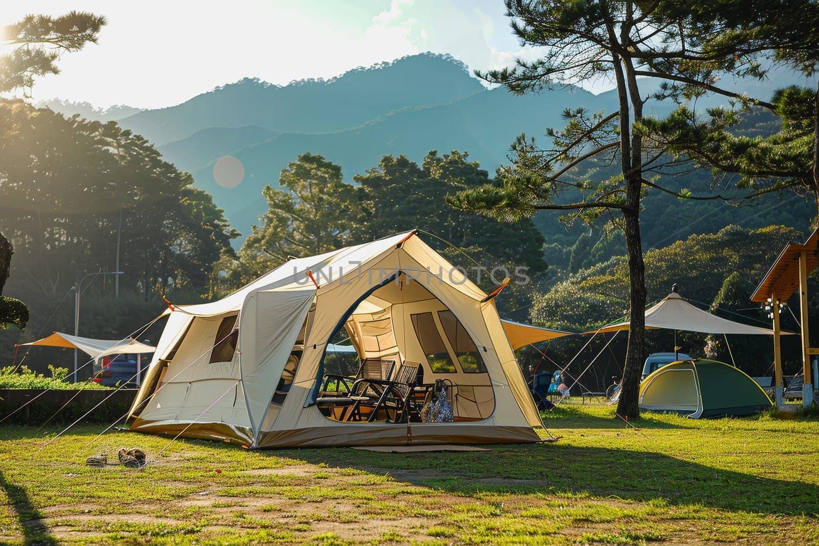 Camping outdoors with lots of sunlight. tent, chairs, a tent BBQ rack, and more.