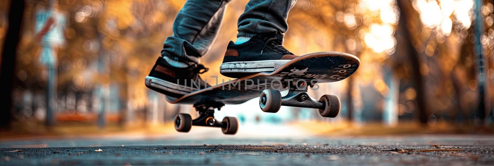 A person riding a skateboard down a city street, showcasing their skills and speed. Generative AI by AnatoliiFoto