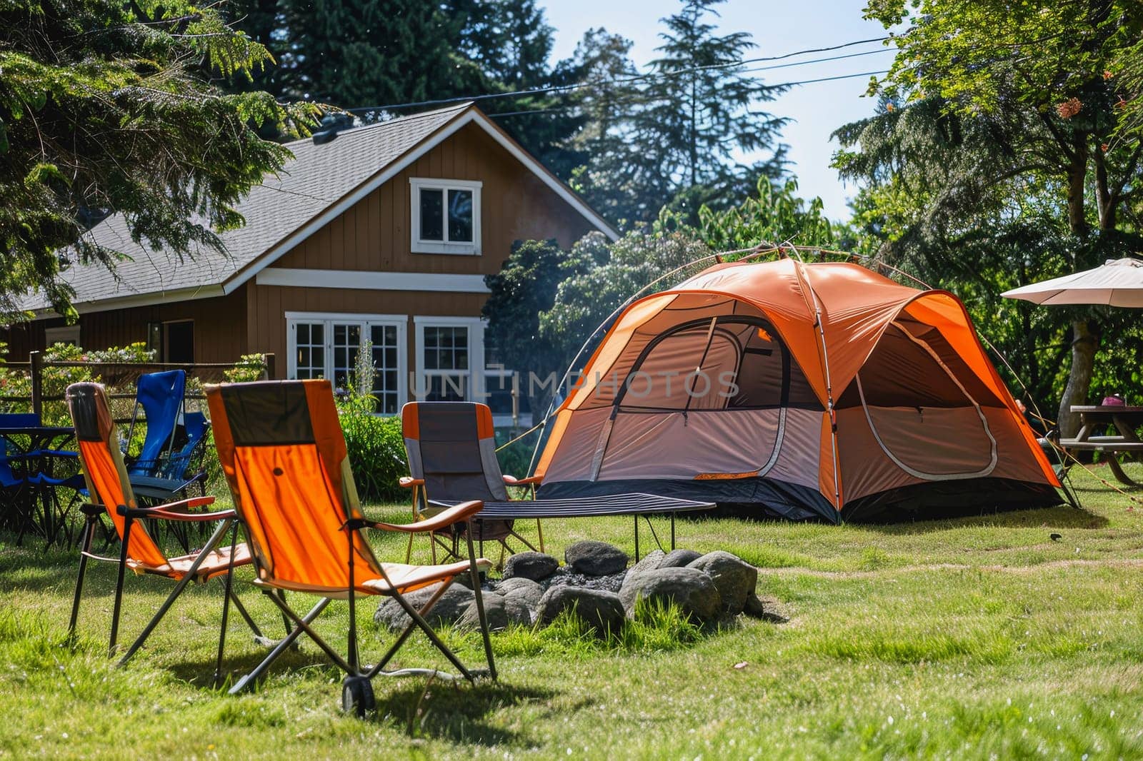 Camping outdoors with lots of sunlight. tent, chairs, a tent BBQ rack, and more.