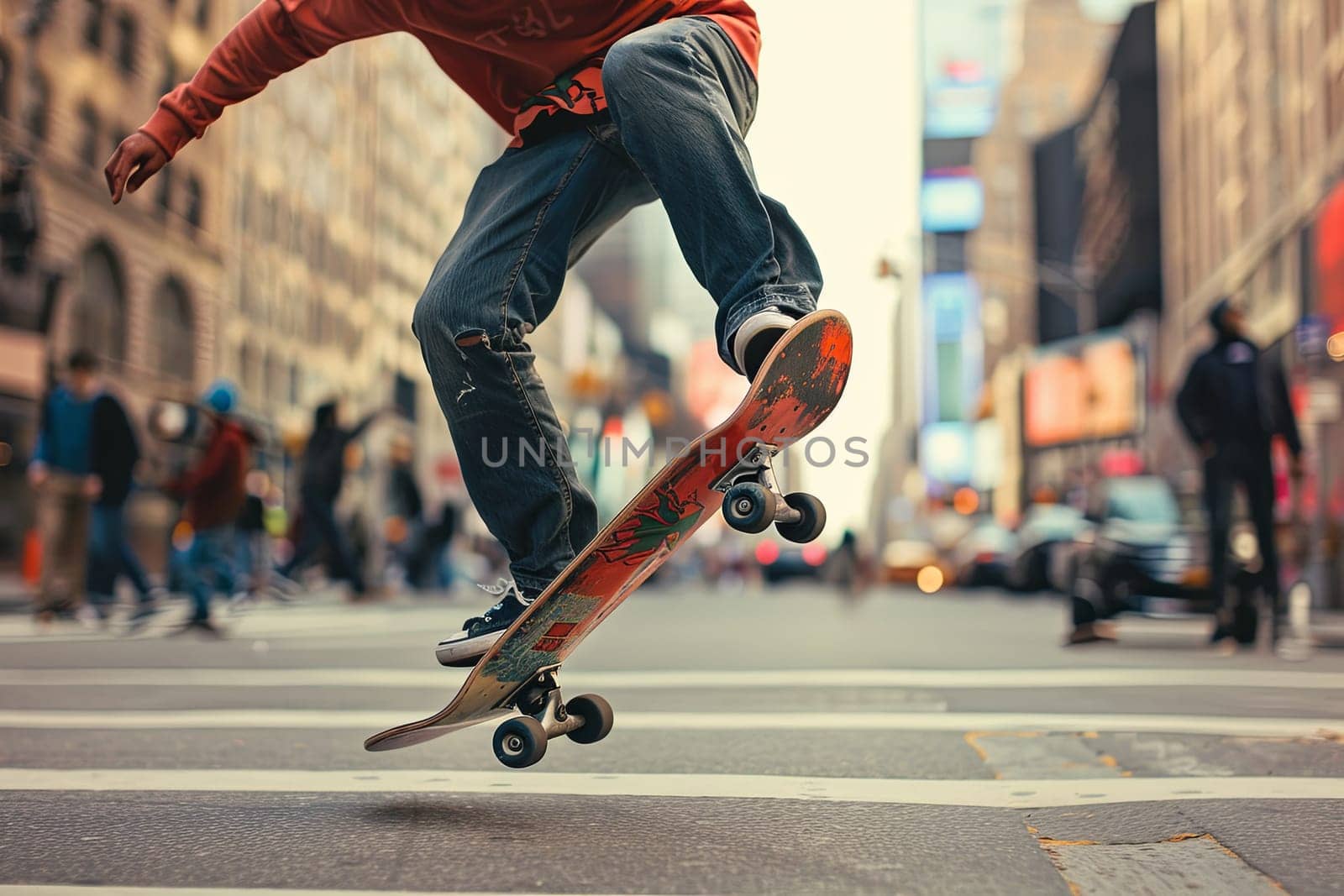 A man riding a skateboard down a city street lined with tall buildings, showcasing urban skateboarding culture.