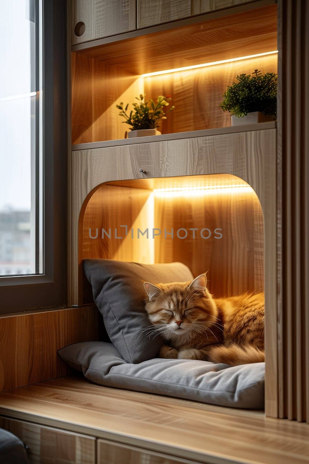 A cat is sleeping in a wooden bench with a pillow. The bench is lit up with lights, creating a cozy and warm atmosphere