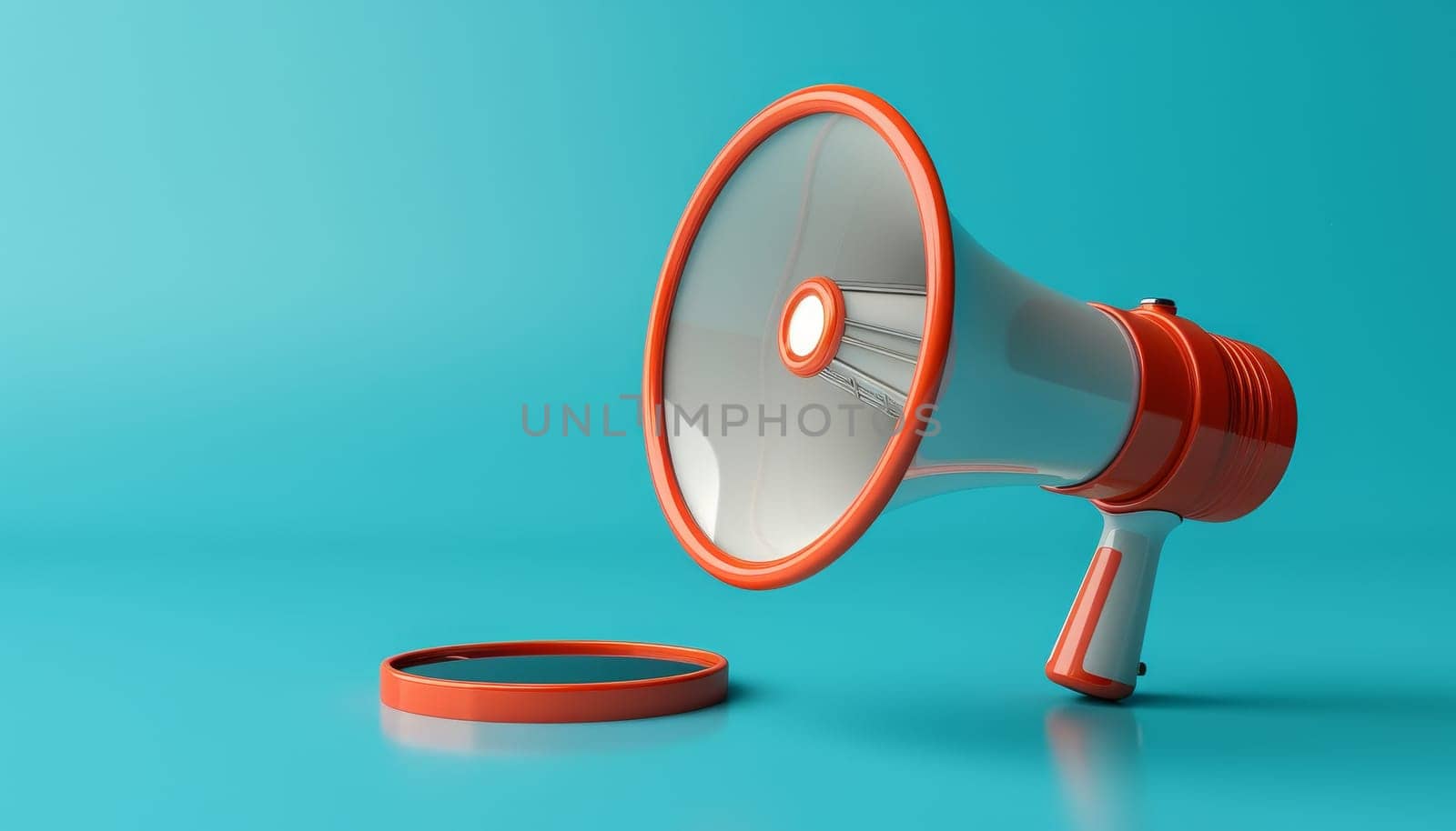 A red and white microphone is on a blue background with white specks by AI generated image.